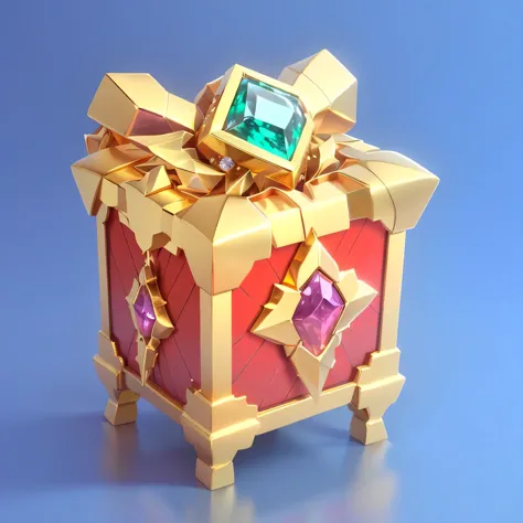  High Definition ，Clear details，Additional Details ， has a gold and red gift box with green diamonds, Loot Boxes, Gift, Presenting Magic Gems, Treasure Chests,  a 3d icon of a mobile game, Object Art, Fan box, Treasure, Treasure Chest, 9 k, , Capability Image, Magic Items, Treasure artifact,  Beginner Art , Chest,  gemstone and gold , small Chest,  gold and gemstone 