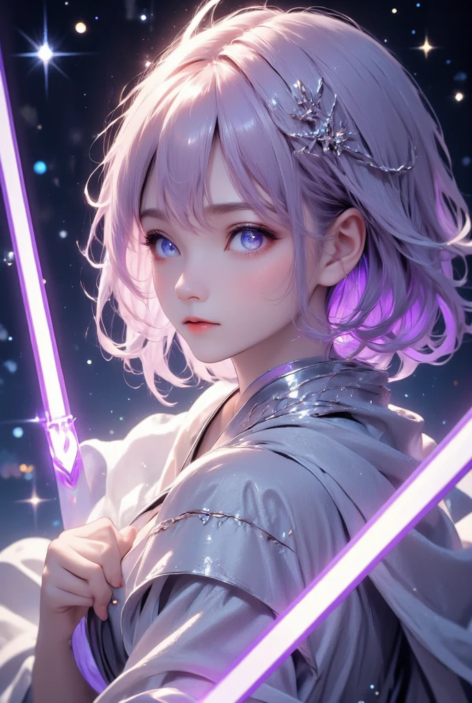 masterpiece, best quality, ultra-detailed, a female Jedi standing calmly in the midst of a starry night sky, holding her purple lightsaber upright, the light softly illuminating her face, her expression is calm yet resolute, her eyes focused as if she is waiting for something or someone, the vast expanse of space behind her is dotted with countless stars, twinkling gently in the deep blue darkness, her hair slightly tousled, catching the faint light, her robes flow elegantly around her, with intricate gold patterns running along the edges, the saber emits a soft, radiant glow, contrasting beautifully with the dark backdrop, the overall scene is serene yet charged with a quiet tension, the sense of anticipation hangs in the air, as if a great battle is about to begin, the way she holds her saber speaks of discipline and training, her stance is solid, grounded, yet also graceful, suggesting a deep connection to the Force, her presence exudes confidence and peace, but there is also an undercurrent of vigilance, as if she is always ready, always alert, standing guard against the unseen forces that may lurk in the darkness of the universe.