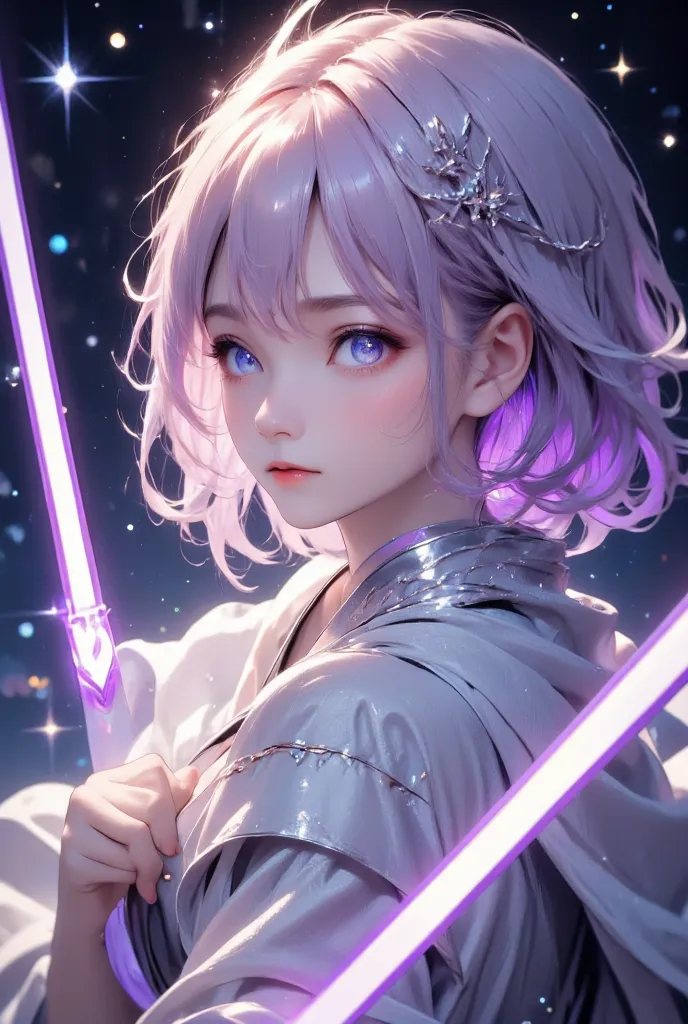 masterpiece, best quality, ultra-detailed, a female jedi standing calmly in the midst of a starry night sky, holding her purple ...