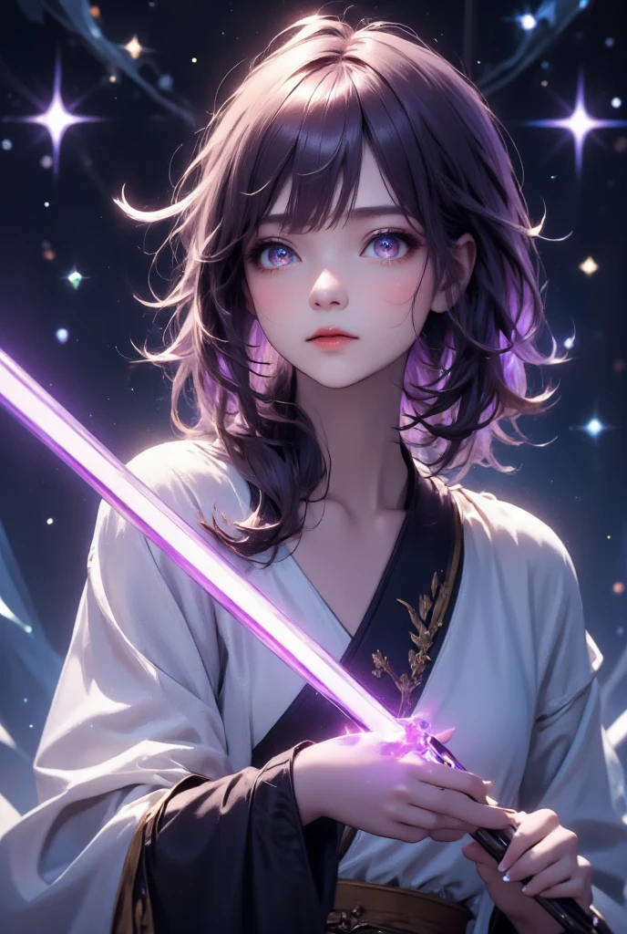 masterpiece, best quality, ultra-detailed, a female Jedi standing calmly in the midst of a starry night sky, holding her purple lightsaber upright, the light softly illuminating her face, her expression is calm yet resolute, her eyes focused as if she is waiting for something or someone, the vast expanse of space behind her is dotted with countless stars, twinkling gently in the deep blue darkness, her hair slightly tousled, catching the faint light, her robes flow elegantly around her, with intricate gold patterns running along the edges, the saber emits a soft, radiant glow, contrasting beautifully with the dark backdrop, the overall scene is serene yet charged with a quiet tension, the sense of anticipation hangs in the air, as if a great battle is about to begin, the way she holds her saber speaks of discipline and training, her stance is solid, grounded, yet also graceful, suggesting a deep connection to the Force, her presence exudes confidence and peace, but there is also an undercurrent of vigilance, as if she is always ready, always alert, standing guard against the unseen forces that may lurk in the darkness of the universe.