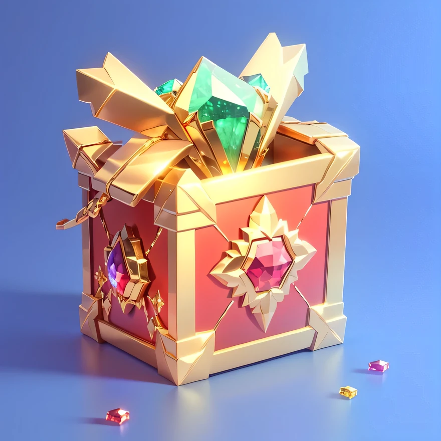  High Definition ，Clear details，Additional Details ， has a gold and red gift box with green diamonds, Loot Boxes, Gift, Presenting Magic Gems, Treasure Chests,  a 3d icon of a mobile game, Object Art, Fan box, Treasure, Treasure Chest, 9 k, , Capability Image, Magic Items, Treasure artifact,  Beginner Art , Chest,  gemstone and gold , small Chest,  gold and gemstone 