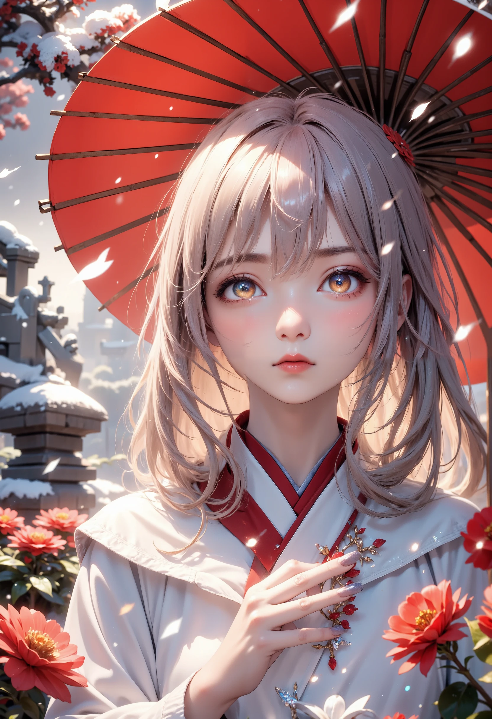 masterpiece, best quality, ultra-detailed, a young girl standing still under a red traditional umbrella, surrounded by a winter garden blanketed in snow, her golden eyes searching with a sense of unease, behind her, a strange, frozen statue looms, as if guarding the area, snowflakes drift down gently, creating a serene yet chilling atmosphere, around her, traditional stone lanterns and red camellia flowers add a touch of classic beauty to the scene, in the distance, the faint outline of a shrine building can be seen through the thin veil of mist, enhancing the mystical and tranquil ambiance of the setting.