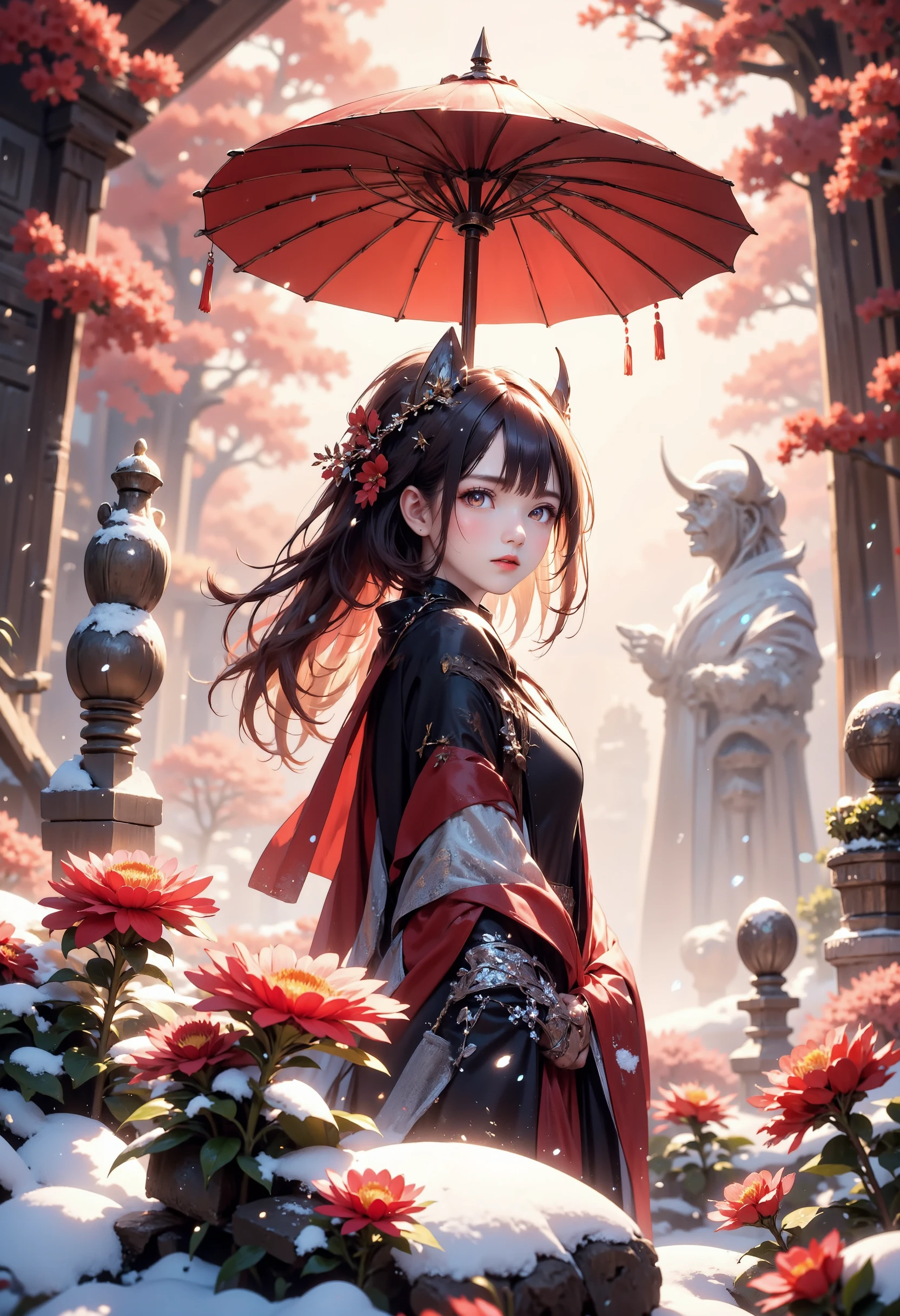 masterpiece, best quality, ultra-detailed, a young girl standing still under a red traditional umbrella, surrounded by a winter garden blanketed in snow, her golden eyes searching with a sense of unease, behind her, a strange, frozen statue looms, as if guarding the area, snowflakes drift down gently, creating a serene yet chilling atmosphere, around her, traditional stone lanterns and red camellia flowers add a touch of classic beauty to the scene, in the distance, the faint outline of a shrine building can be seen through the thin veil of mist, enhancing the mystical and tranquil ambiance of the setting.