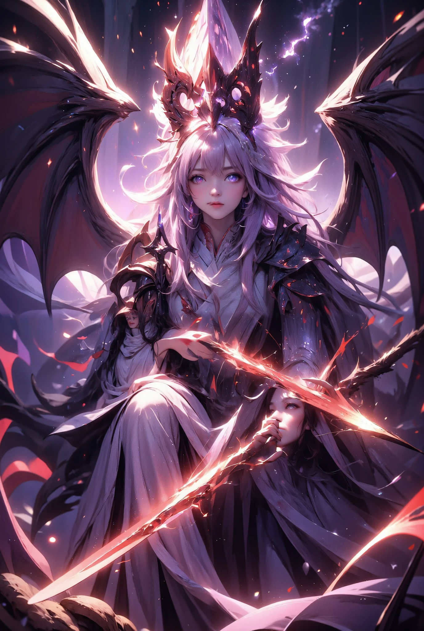 masterpiece, best quality, ultra-detailed, a demon queen sitting on a dark, rocky throne-like structure, her expression is one of sinister satisfaction, she holds a spear glowing with red and black hues, crackling with electricity, her posture is relaxed yet commanding, her long, flowing hair and dark, bat-like wings spread out behind her, the background is filled with swirling purple mist, with streaks of red lightning cutting through the dark atmosphere, red, flame-like ornaments hover around her, enhancing the eerie and powerful presence, the overall scene is imbued with a dark, ominous energy, as if she is ruling over a chaotic and forbidden realm.