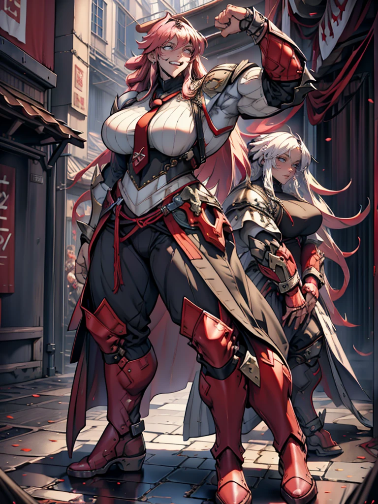 tomboy, warrior, berserker, tall female, muscular female, living hair, sauvage,, medieval clothing, fantasy, fantasy weapon, huge breasts, barbarian pants, , combat boots, armor, red hair, crazy smile, open mouth, biceps, necktie, thick arms,pullover, solo focus, long hair, , crazy smile, long hair, pants, noble cloths, noble clothing, french cloths, very long hair, BOOTS, full body, pink lips, hime cut, full body