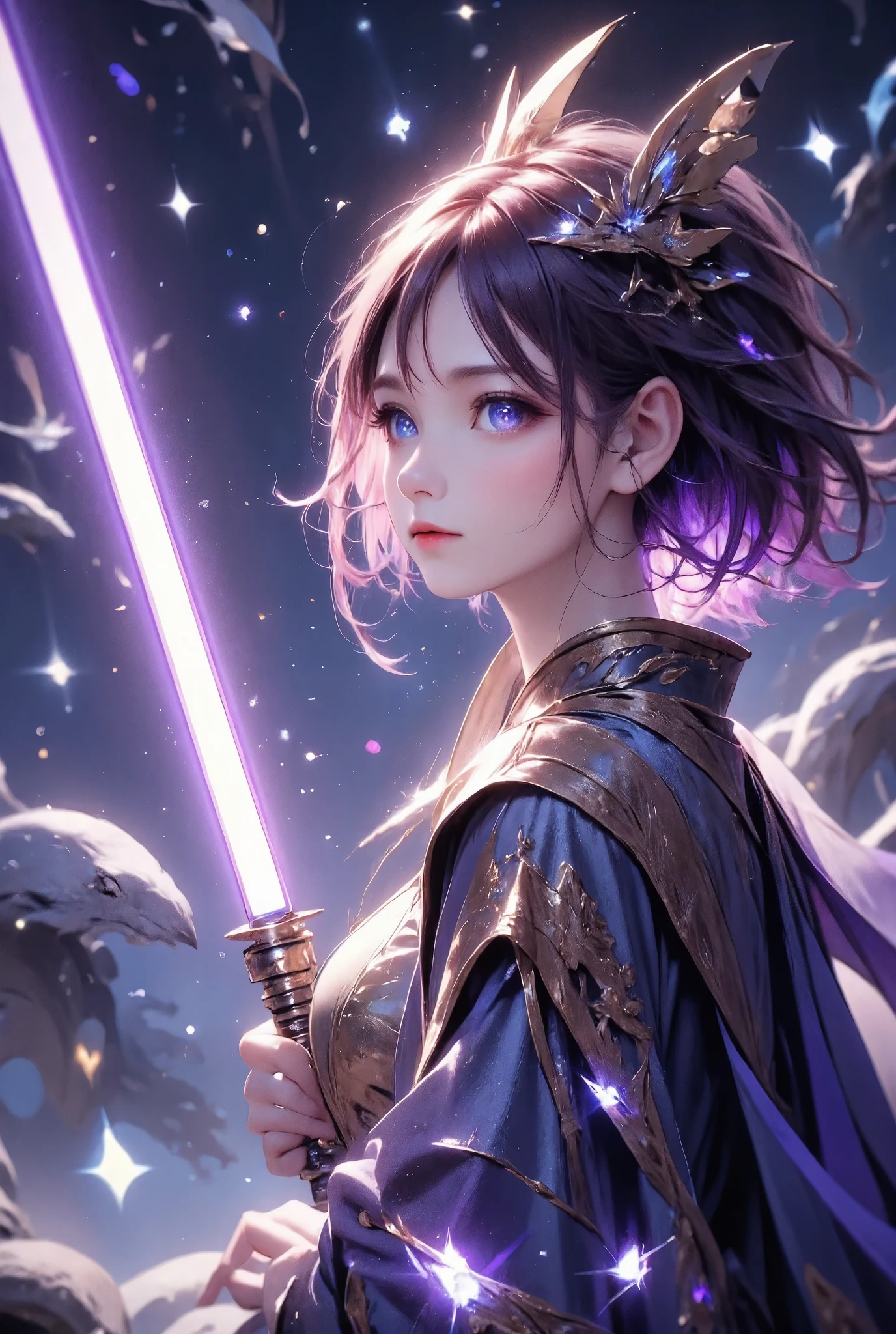 masterpiece, best quality, ultra-detailed, a female Jedi standing calmly in the midst of a starry night sky, holding her purple lightsaber upright, the light softly illuminating her face, her expression is calm yet resolute, her eyes focused as if she is waiting for something or someone, the vast expanse of space behind her is dotted with countless stars, twinkling gently in the deep blue darkness, her hair slightly tousled, catching the faint light, her robes flow elegantly around her, with intricate gold patterns running along the edges, the saber emits a soft, radiant glow, contrasting beautifully with the dark backdrop, the overall scene is serene yet charged with a quiet tension, the sense of anticipation hangs in the air, as if a great battle is about to begin, the way she holds her saber speaks of discipline and training, her stance is solid, grounded, yet also graceful, suggesting a deep connection to the Force, her presence exudes confidence and peace, but there is also an undercurrent of vigilance, as if she is always ready, always alert, standing guard against the unseen forces that may lurk in the darkness of the universe.