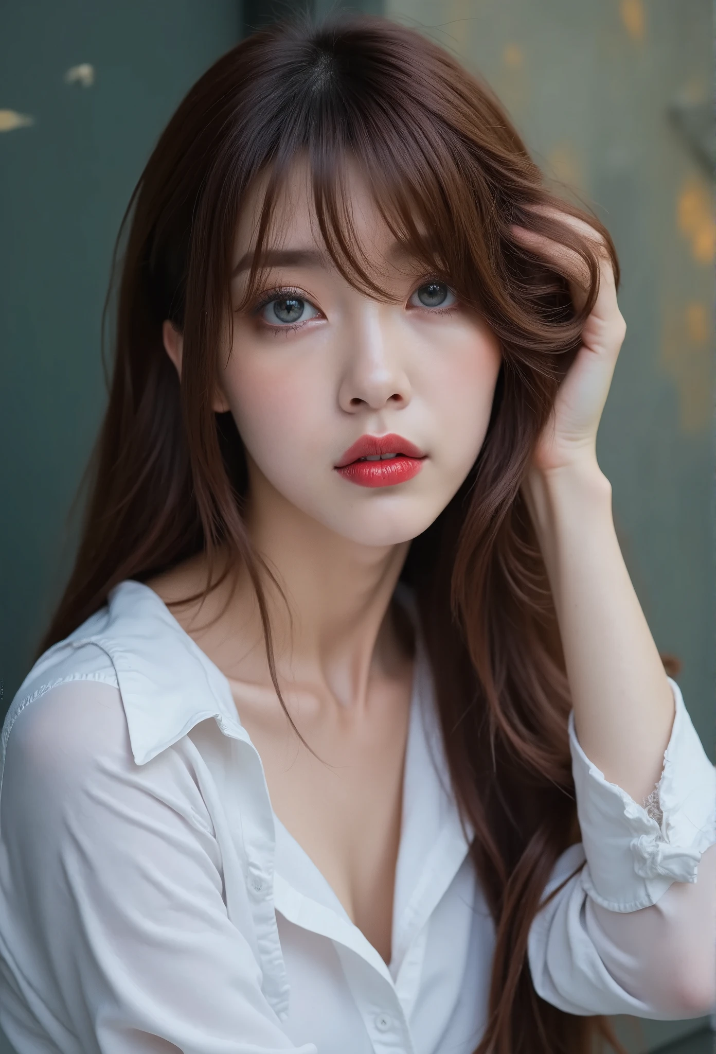 (best quality,highres,ultra-detailed),a portrait of a slender east asian woman with bangs and long, wavy brown hair, wearing a white shirt. She is sitting down with one hand resting on her head, slightly tousling her hair, which partially falls across her face. Her expression is intense and contemplative, with piercing light blue eyes and bold red lipstick that stands out against her pale complexion. The background is blurred, hinting at an outdoor setting with soft, natural lighting. The overall mood of the image is moody and striking, with the woman's strong features and relaxed pose creating a captivating contrast