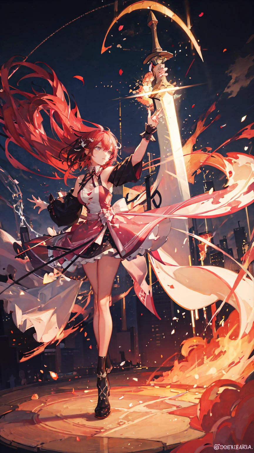 (masterpiece), Best Quality, Expressive eyes, Perfect Face, Super detailed,  1 girl , Alone, a goddess holding a Giant Sword,Flaming Sword, Combat Stance, Dynamic Angle, [attack battle form, Giant Swordを持っている, Elusive , [attack,Glare,  Weapon close-up, Giant Sword, Luxurious sword, Full of energy, The sky splits, Thunder and lightning, Planet Explosion, azki_(hove), 1girl, idol clothes, pink hair, black hair, wrist cuffs, colored inner hair, multicolored hair, sleeveless, short hair, purple eyes, ribbon, pink skirt, dress, large breasts,crazy eyes,