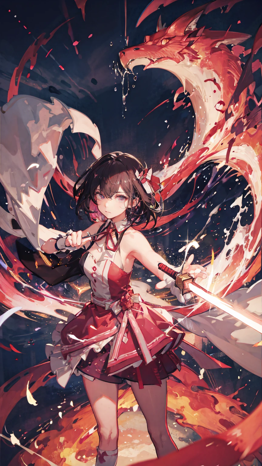 (masterpiece), Best Quality, Expressive eyes, Perfect Face, Super detailed,  1 girl , Alone, a goddess holding a Giant Sword,Flaming Sword, Combat Stance, Dynamic Angle, [attack battle form, Giant Swordを持っている, Elusive , [attack,Glare,  Weapon close-up, Giant Sword, Luxurious sword, Full of energy, The sky splits, Thunder and lightning, Planet Explosion, azki_(hove), 1girl, idol clothes, pink hair, black hair, wrist cuffs, colored inner hair, multicolored hair, sleeveless, short hair, purple eyes, ribbon, pink skirt, dress, large breasts,crazy eyes,