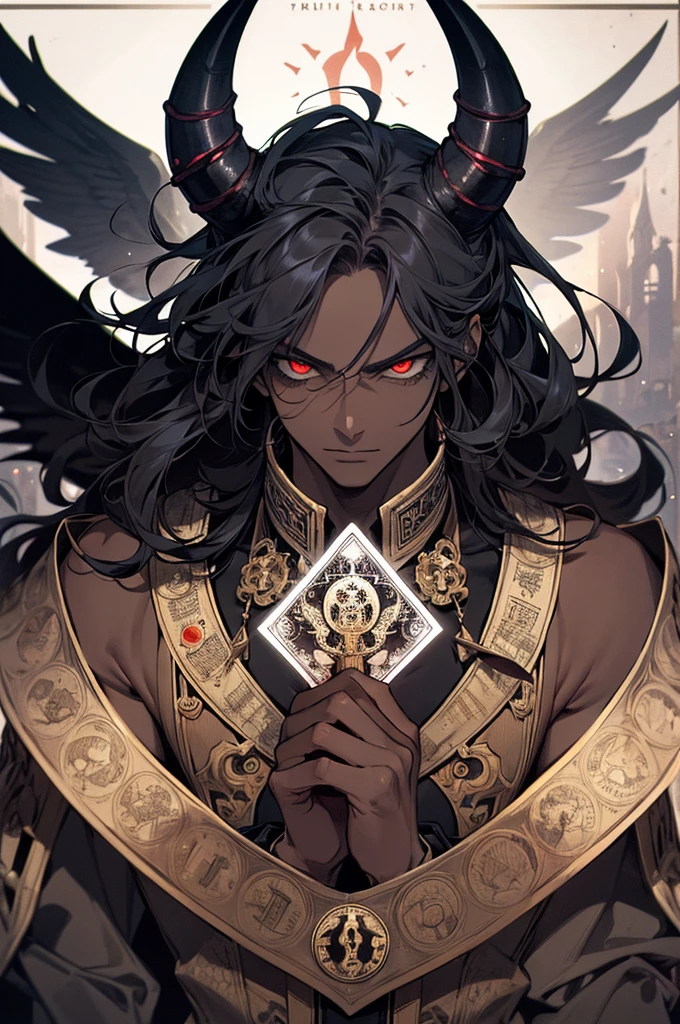 (Absurd, High resolution, Super detailed), 1 male, adult, good looking, Broad shoulders, Two horns, evil, Red glowing eyes,  Black Wings, Blood, A threatening look, Dark Skin Tone,  The elaborate eyes and detailed face of , the devil \Tarot\, Symbolism, Visual Arts, occult, universal, Projecting a vision, Philosophical, Iconography, Number secrets, Popularity, Artistic,  Alphonse Mucha