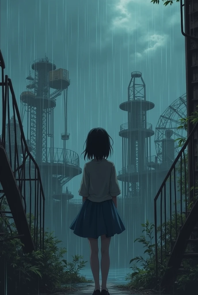 Japanese anime style, A girl is looking up , What she sees is an abandoned amusement park that is no longer in operation,Dark Skies,It's raining quietly ,She is facing backwards,