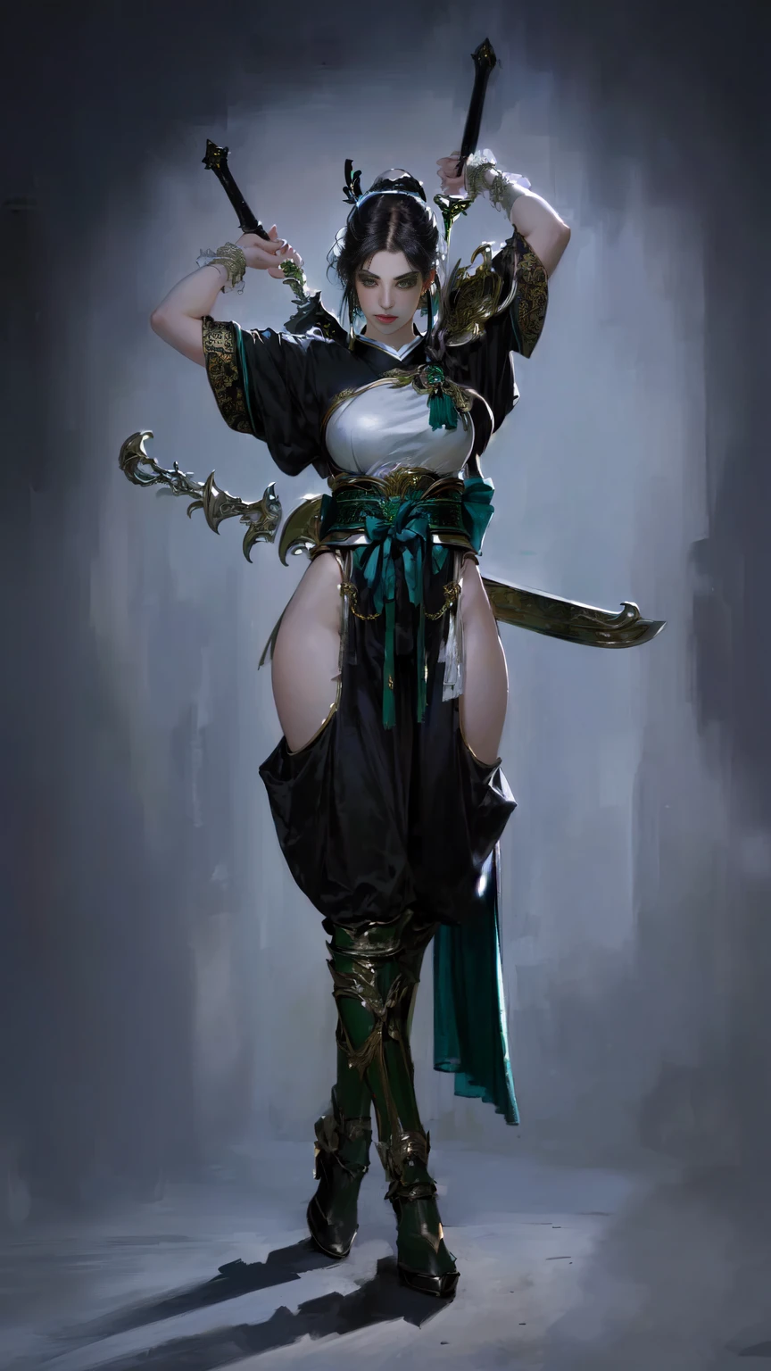 a woman in a green outfit holding two swords and a sword, female samurai, beautiful full body concept art, 