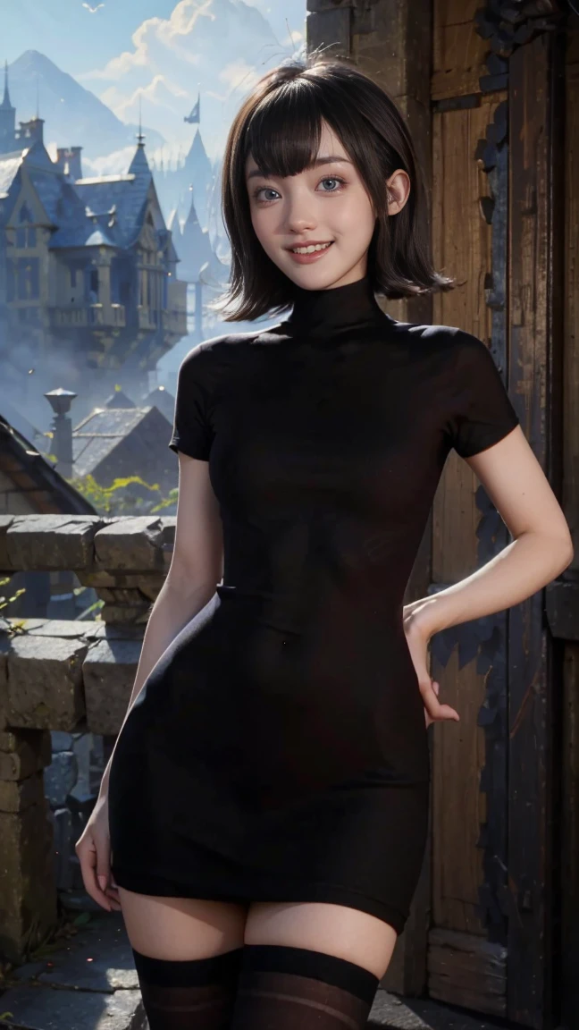 (masterpiece, best quality:1.3), 1girl, looking at viewer, standing, hand on hip, upper body, mavis dracula, laughing, fang, black hair, black nails, short hair, black lipstick, light blue eyes, black dress, striped thighhighs, small breasts, perky breasts, skindentation, narrow waist, skinny, outdoors, night, bats on sky, castle, transparet dress