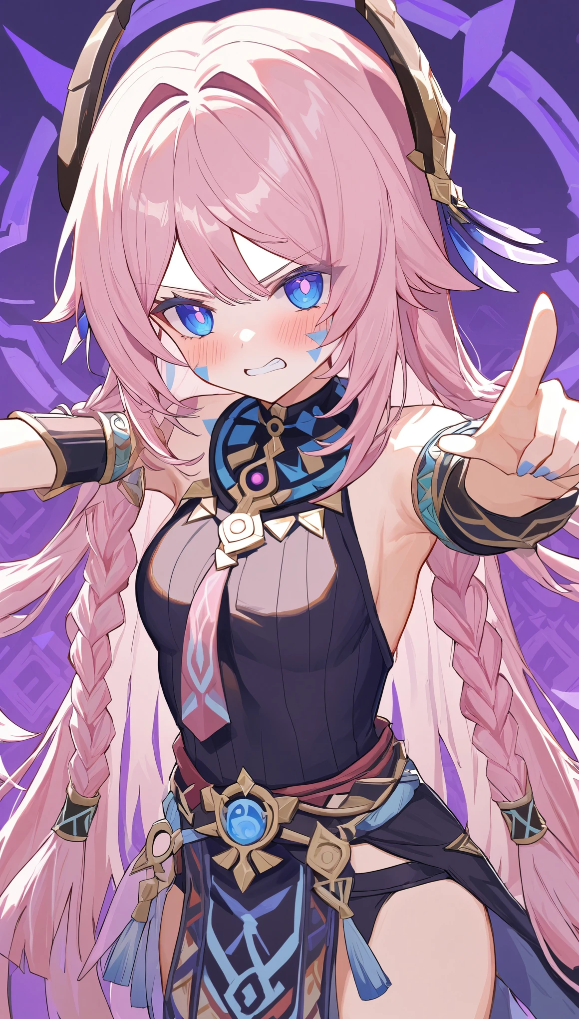 citlali ,シトラリ(genshin impact), 1girl,cowboy shot,clenched teeth,pointing,pink hair, parted bangs, very long hair, hair down, braids, hair ornament, facial Mark, blue eyes, pink pupils, tribal clothes,waistcloth,Genshin Impact Style, AddXL, touches hair, glowing eyes, blush, beautiful detailed, hyper detail, masterpiece, best quality, bright, hair ornament, facial Mark, citlali,purple Geometric background