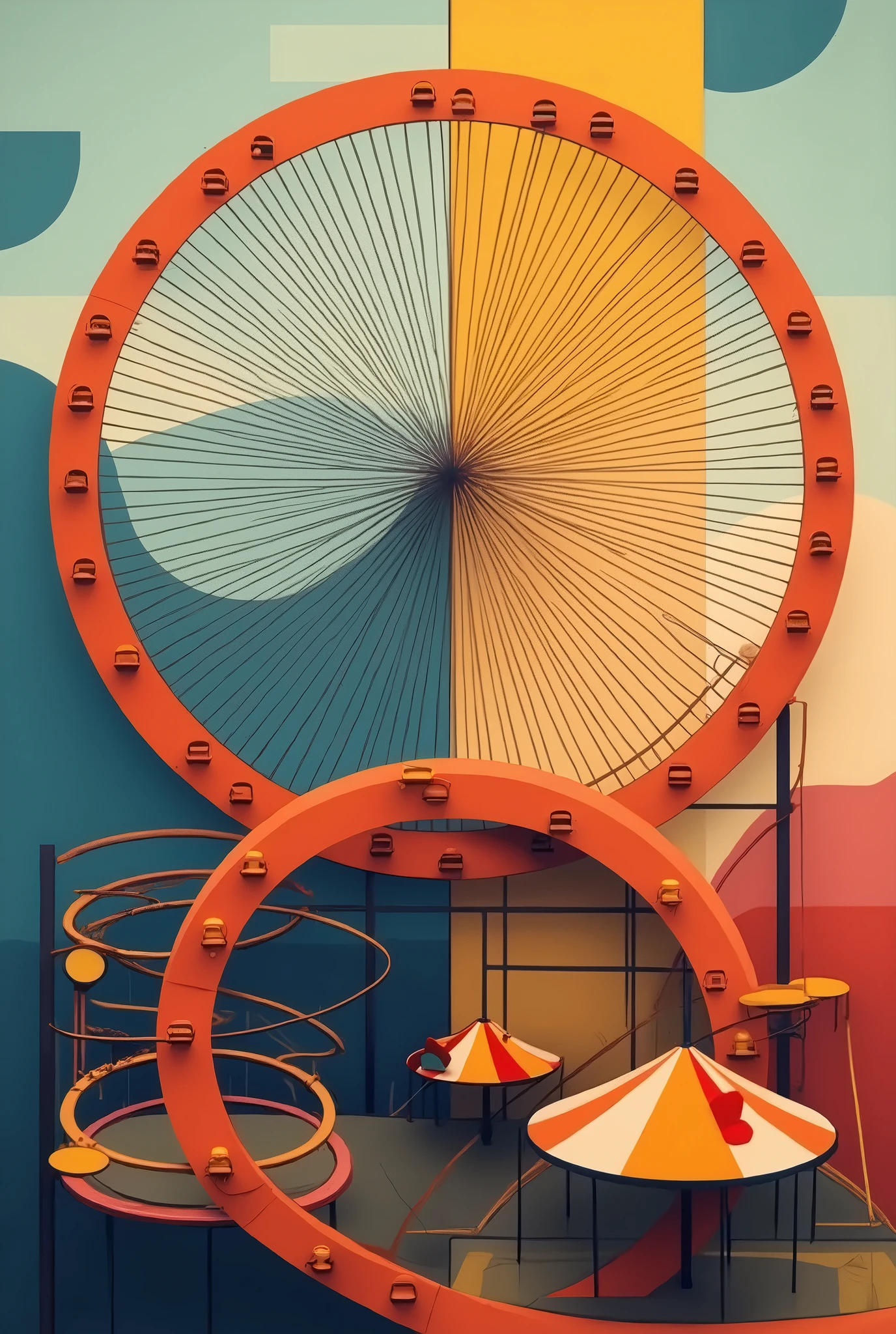 Create a geometric and abstract representation of iconic amusement park structures. The Ferris wheel is depicted as a large circle with radial lines extending outward, forming a rhythmic, spoke-like pattern. The merry-go-round is represented by overlapping concentric circles, rotating within each other, creating a sense of motion. The roller coaster appears as sharp, intersecting curves and angular lines, contrasting with the smoother shapes. The composition uses bold, vibrant colors—deep blues, bright reds, and yellows—to emphasize contrast between the rounded and angular forms. The overall feel is dynamic yet harmonious, balancing movement, excitement, and abstraction in a surreal amusement park setting