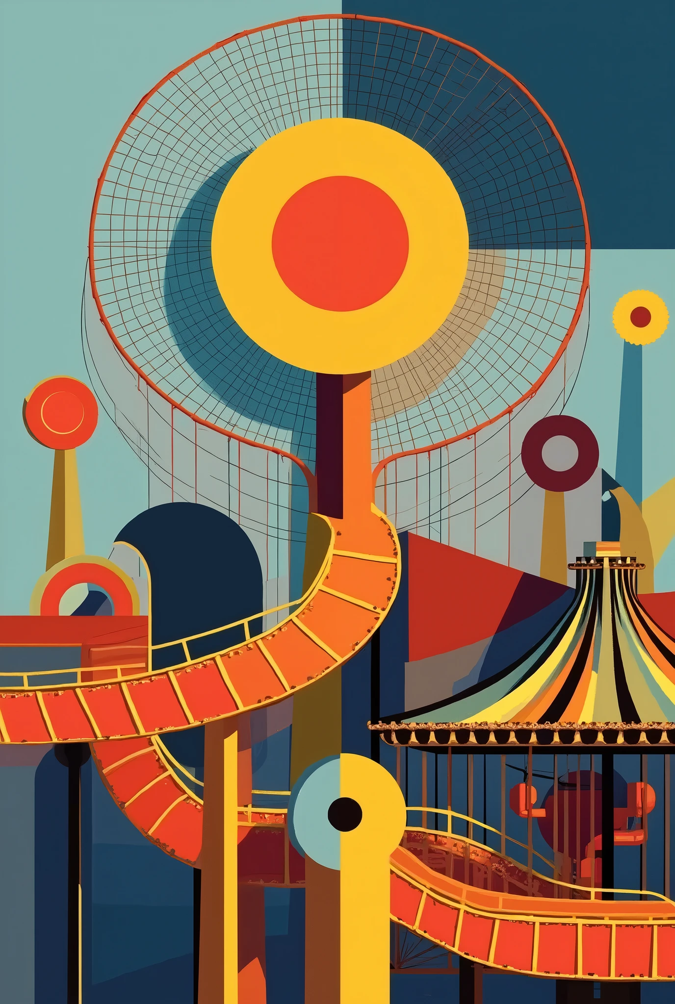 Create a geometric and abstract representation of iconic amusement park structures. The Ferris wheel is depicted as a large circle with radial lines extending outward, forming a rhythmic, spoke-like pattern. The merry-go-round is represented by overlapping concentric circles, rotating within each other, creating a sense of motion. The roller coaster appears as sharp, intersecting curves and angular lines, contrasting with the smoother shapes. The composition uses bold, vibrant colors—deep blues, bright reds, and yellows—to emphasize contrast between the rounded and angular forms. The overall feel is dynamic yet harmonious, balancing movement, excitement, and abstraction in a surreal amusement park setting