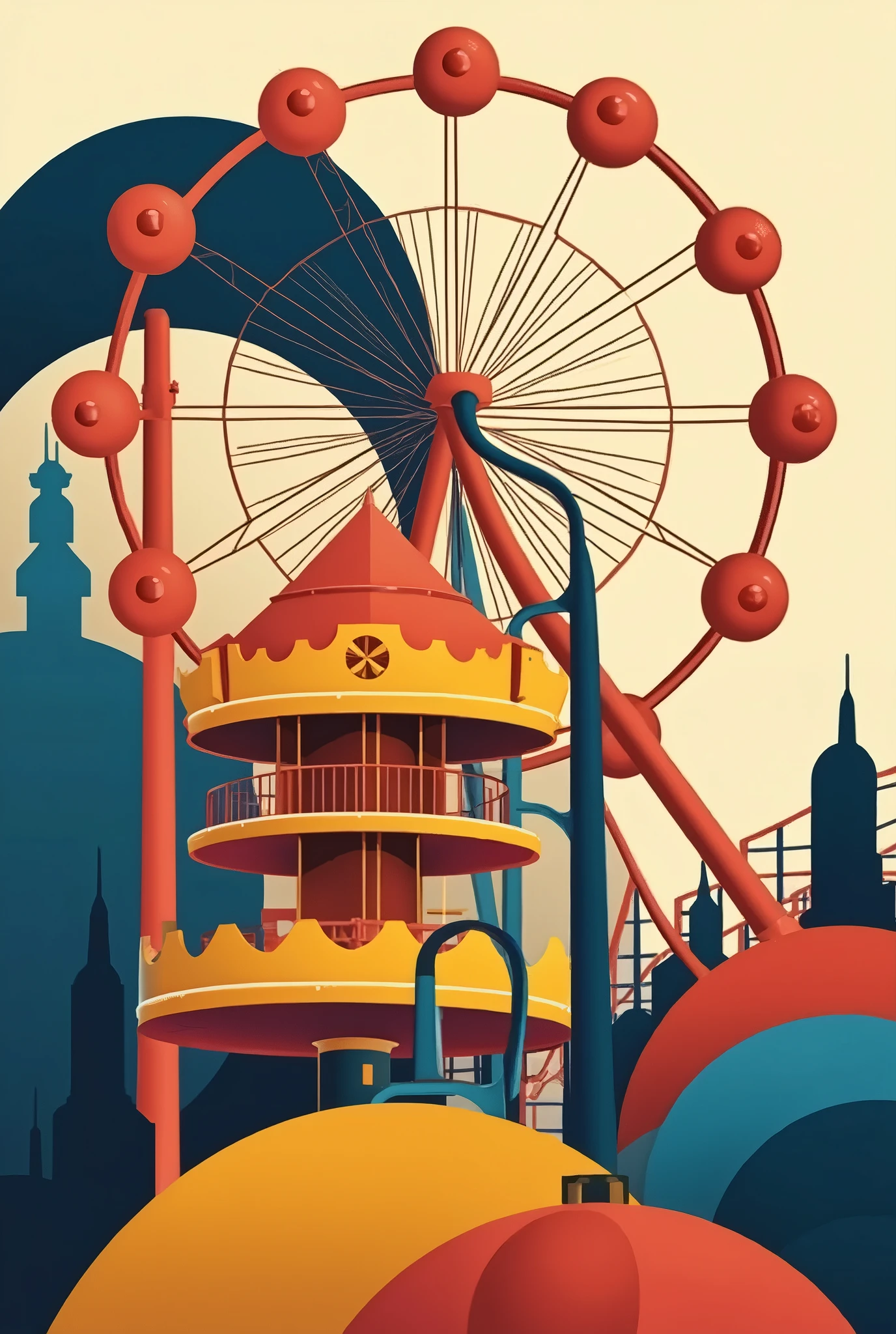 Create a geometric and abstract representation of iconic amusement park structures. The Ferris wheel is depicted as a large circle with radial lines extending outward, forming a rhythmic, spoke-like pattern. The merry-go-round is represented by overlapping concentric circles, rotating within each other, creating a sense of motion. The roller coaster appears as sharp, intersecting curves and angular lines, contrasting with the smoother shapes. The composition uses bold, vibrant colors—deep blues, bright reds, and yellows—to emphasize contrast between the rounded and angular forms. The overall feel is dynamic yet harmonious, balancing movement, excitement, and abstraction in a surreal amusement park setting