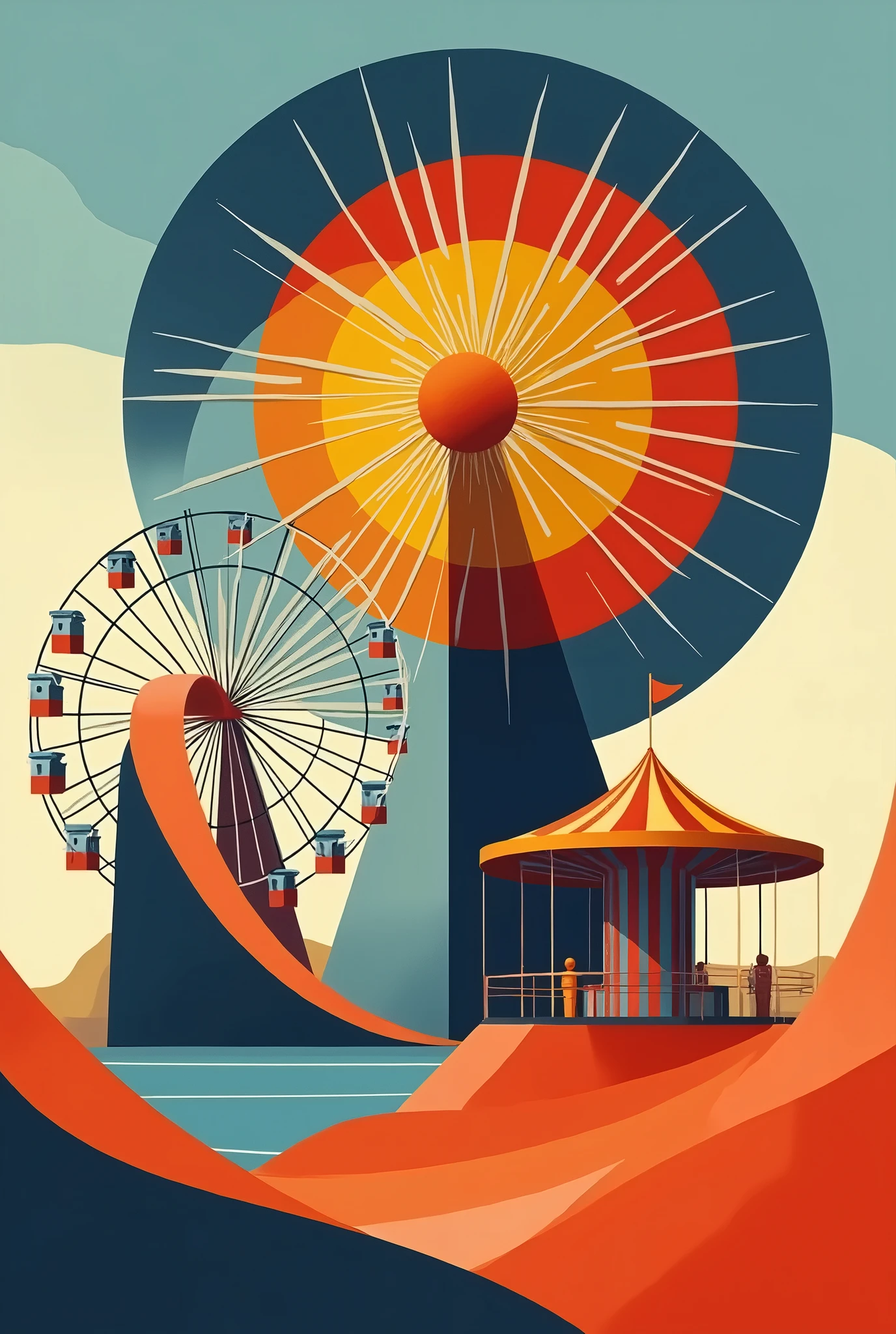 Create a geometric and abstract representation of iconic amusement park structures. The Ferris wheel is depicted as a large circle with radial lines extending outward, forming a rhythmic, spoke-like pattern. The merry-go-round is represented by overlapping concentric circles, rotating within each other, creating a sense of motion. The roller coaster appears as sharp, intersecting curves and angular lines, contrasting with the smoother shapes. The composition uses bold, vibrant colors—deep blues, bright reds, and yellows—to emphasize contrast between the rounded and angular forms. The overall feel is dynamic yet harmonious, balancing movement, excitement, and abstraction in a surreal amusement park setting