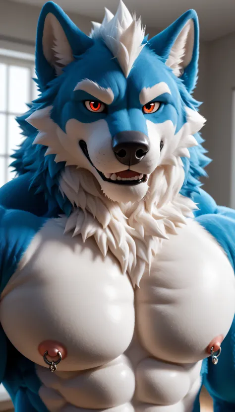 score_9, score_8_up, score_7_up, "Close-up 3D render of a strikingly handsome male wolf in a fursuit, showcasing his muscular chest. His lips are slightly parted in a mischievous, seductive manner, enhancing his allure. The design emphasizes a shiny nipple piercing that adds to his tantalizing appeal. His soft, vibrant fur contours around his well-defined physique, while subtle lighting enhances the details, creating a captivating and powerful presence that exudes raw sensuality."