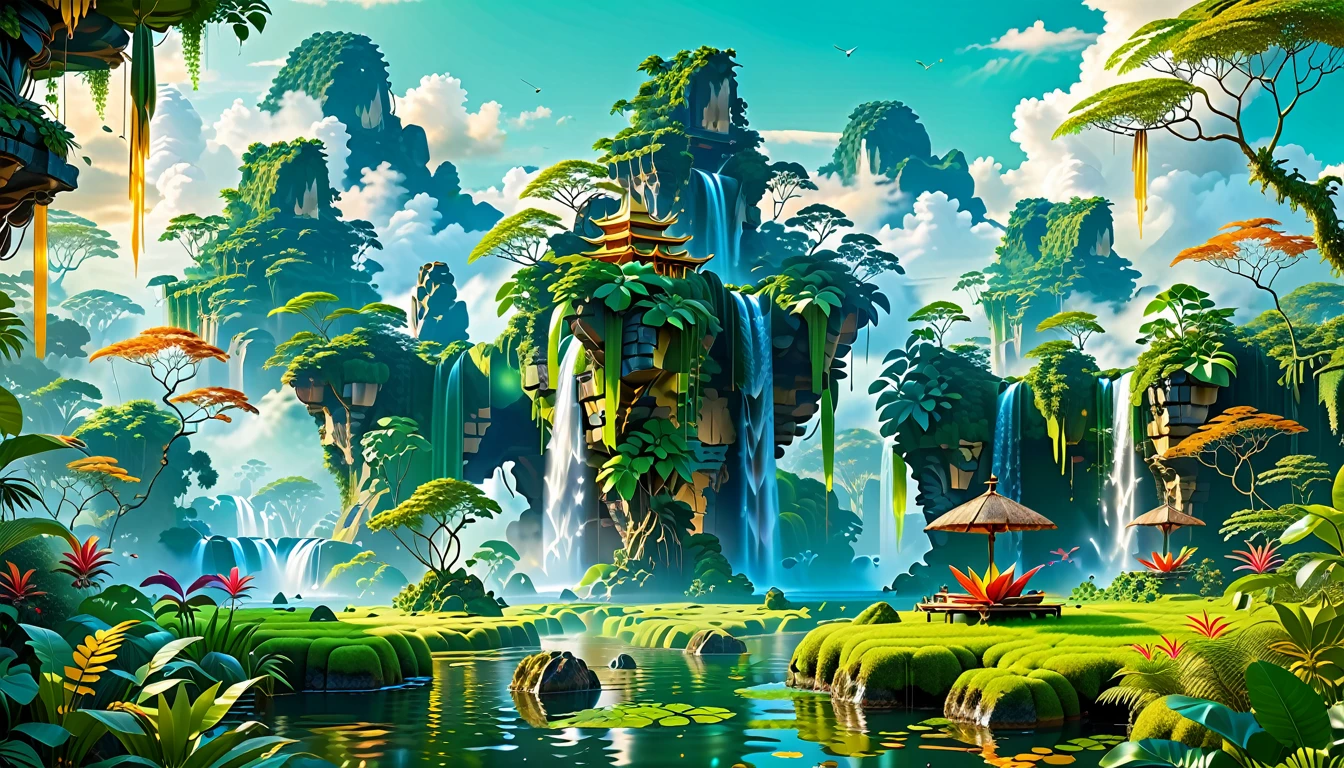 A Masterpiece In 32K Resolution, Supreme Quality, Super Detail, Official Art, Very High-Resolution 32K Wallpaper, Beautiful And Aesthetic, Ultra-Detailed Features, Awe-Inspiring Detail. Floating Islands Hover Above A Dense, Vibrant Rainforest. Waterfalls Spill Into The Thick Greenery Below, Where Exotic Animals Roam Freely. The Sky Is Painted With Shades Of Green And Gold, And Vines Hang From The Floating Islands. Glowing Form Illuminating The Surrounding Plants. In The Distance, A Towering Temple Made Of Moss-Covered Stone Rises From The Jungle.