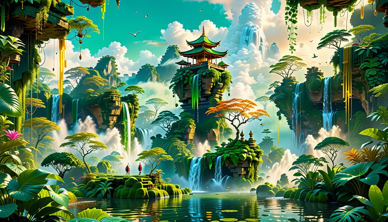 A Masterpiece In 32K Resolution, Supreme Quality, Super Detail, Official Art, Very High-Resolution 32K Wallpaper, Beautiful And Aesthetic, Ultra-Detailed Features, Awe-Inspiring Detail. Floating Islands Hover Above A Dense, Vibrant Rainforest. Waterfalls Spill Into The Thick Greenery Below, Where Exotic Animals Roam Freely. The Sky Is Painted With Shades Of Green And Gold, And Vines Hang From The Floating Islands. Glowing Form Illuminating The Surrounding Plants. In The Distance, A Towering Temple Made Of Moss-Covered Stone Rises From The Jungle.