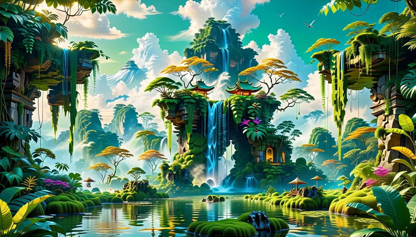 A Masterpiece In 32K Resolution, Supreme Quality, Super Detail, Official Art, Very High-Resolution 32K Wallpaper, Beautiful And Aesthetic, Ultra-Detailed Features, Awe-Inspiring Detail. Floating Islands Hover Above A Dense, Vibrant Rainforest. Waterfalls Spill Into The Thick Greenery Below, Where Exotic Animals Roam Freely. The Sky Is Painted With Shades Of Green And Gold, And Vines Hang From The Floating Islands. Glowing Form Illuminating The Surrounding Plants. In The Distance, A Towering Temple Made Of Moss-Covered Stone Rises From The Jungle.