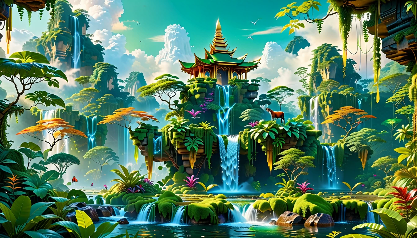 A Masterpiece In 32K Resolution, Supreme Quality, Super Detail, Official Art, Very High-Resolution 32K Wallpaper, Beautiful And Aesthetic, Ultra-Detailed Features, Awe-Inspiring Detail. Floating Islands Hover Above A Dense, Vibrant Rainforest. Waterfalls Spill Into The Thick Greenery Below, Where Exotic Animals Roam Freely. The Sky Is Painted With Shades Of Green And Gold, And Vines Hang From The Floating Islands. Glowing Form Illuminating The Surrounding Plants. In The Distance, A Towering Temple Made Of Moss-Covered Stone Rises From The Jungle.