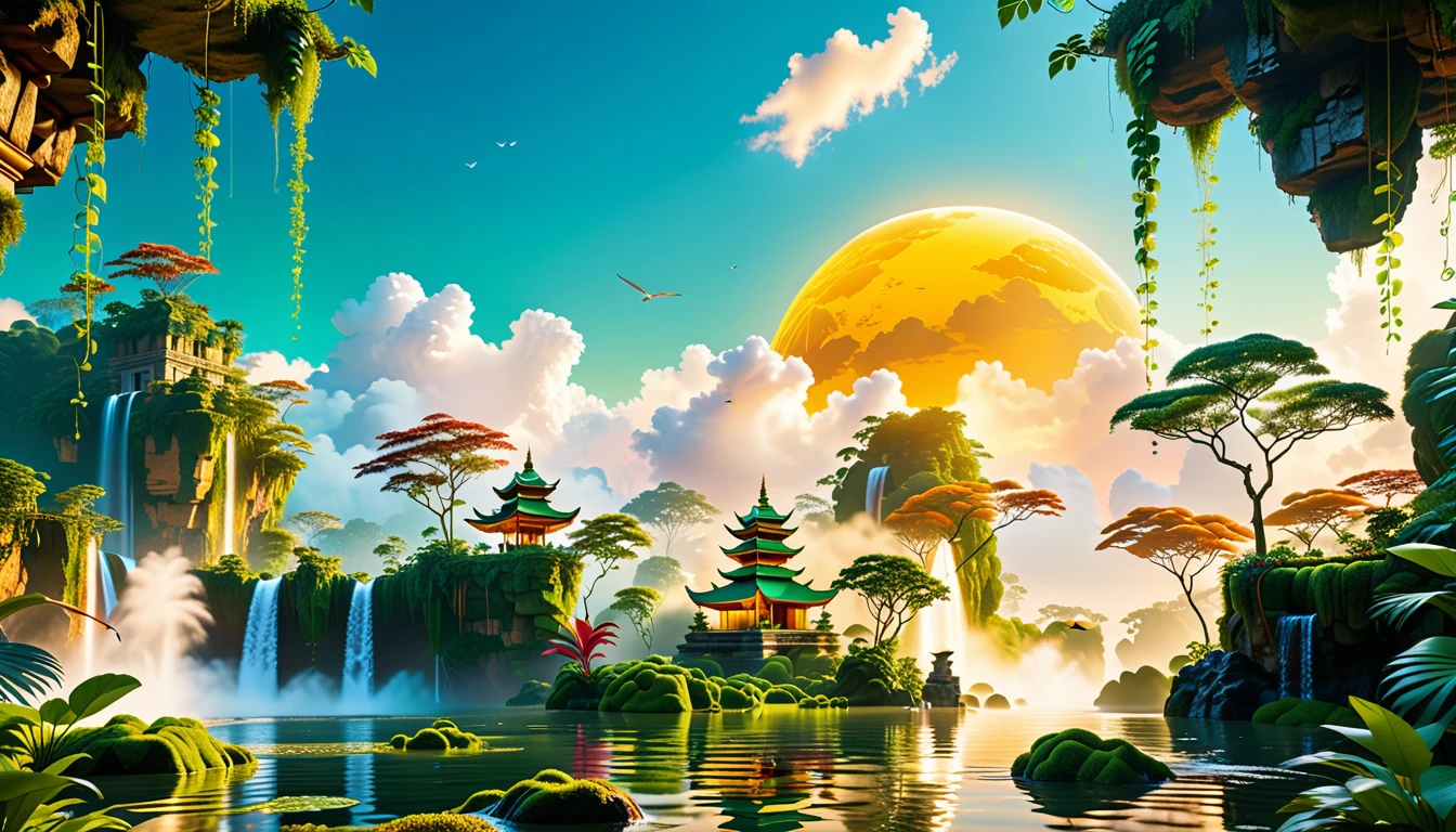 A Masterpiece In 32K Resolution, Supreme Quality, Super Detail, Official Art, Very High-Resolution 32K Wallpaper, Beautiful And Aesthetic, Ultra-Detailed Features, Awe-Inspiring Detail. Floating Islands Hover Above A Dense, Vibrant Rainforest. Waterfalls Spill Into The Thick Greenery Below, Where Exotic Animals Roam Freely. The Sky Is Painted With Shades Of Green And Gold, And Vines Hang From The Floating Islands. Glowing Form Illuminating The Surrounding Plants. In The Distance, A Towering Temple Made Of Moss-Covered Stone Rises From The Jungle.