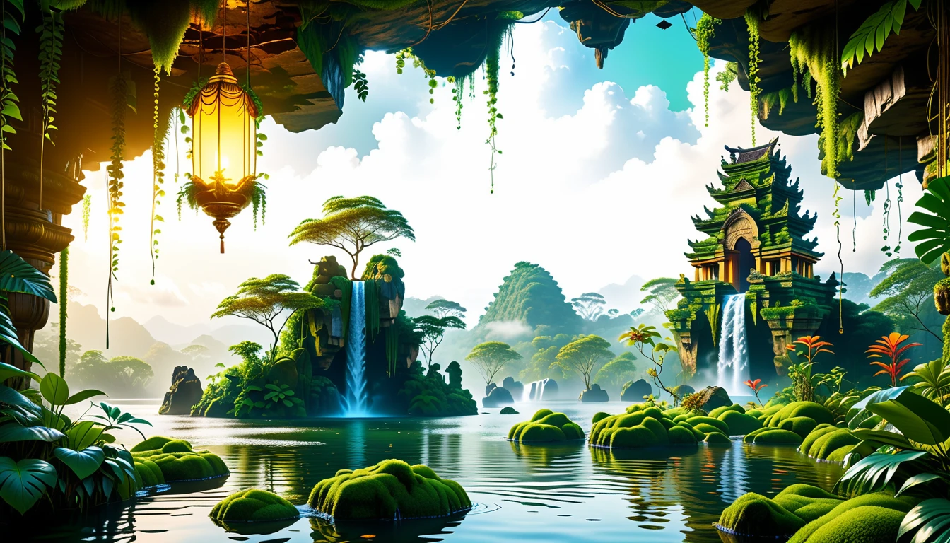 A Masterpiece In 32K Resolution, Supreme Quality, Super Detail, Official Art, Very High-Resolution 32K Wallpaper, Beautiful And Aesthetic, Ultra-Detailed Features, Awe-Inspiring Detail. Floating Islands Hover Above A Dense, Vibrant Rainforest. Waterfalls Spill Into The Thick Greenery Below, Where Exotic Animals Roam Freely. The Sky Is Painted With Shades Of Green And Gold, And Vines Hang From The Floating Islands. Glowing Form Illuminating The Surrounding Plants. In The Distance, A Towering Temple Made Of Moss-Covered Stone Rises From The Jungle.