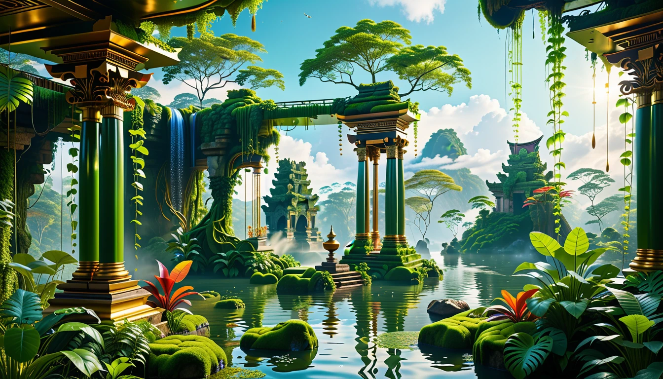 A Masterpiece In 32K Resolution, Supreme Quality, Super Detail, Official Art, Very High-Resolution 32K Wallpaper, Beautiful And Aesthetic, Ultra-Detailed Features, Awe-Inspiring Detail. Floating Islands Hover Above A Dense, Vibrant Rainforest. Waterfalls Spill Into The Thick Greenery Below, Where Exotic Animals Roam Freely. The Sky Is Painted With Shades Of Green And Gold, And Vines Hang From The Floating Islands. Glowing Form Illuminating The Surrounding Plants. In The Distance, A Towering Temple Made Of Moss-Covered Stone Rises From The Jungle.