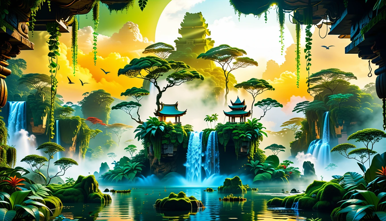 A Masterpiece In 32K Resolution, Supreme Quality, Super Detail, Official Art, Very High-Resolution 32K Wallpaper, Beautiful And Aesthetic, Ultra-Detailed Features, Awe-Inspiring Detail. Floating Islands Hover Above A Dense, Vibrant Rainforest. Waterfalls Spill Into The Thick Greenery Below, Where Exotic Animals Roam Freely. The Sky Is Painted With Shades Of Green And Gold, And Vines Hang From The Floating Islands. Glowing Form Illuminating The Surrounding Plants. In The Distance, A Towering Temple Made Of Moss-Covered Stone Rises From The Jungle.