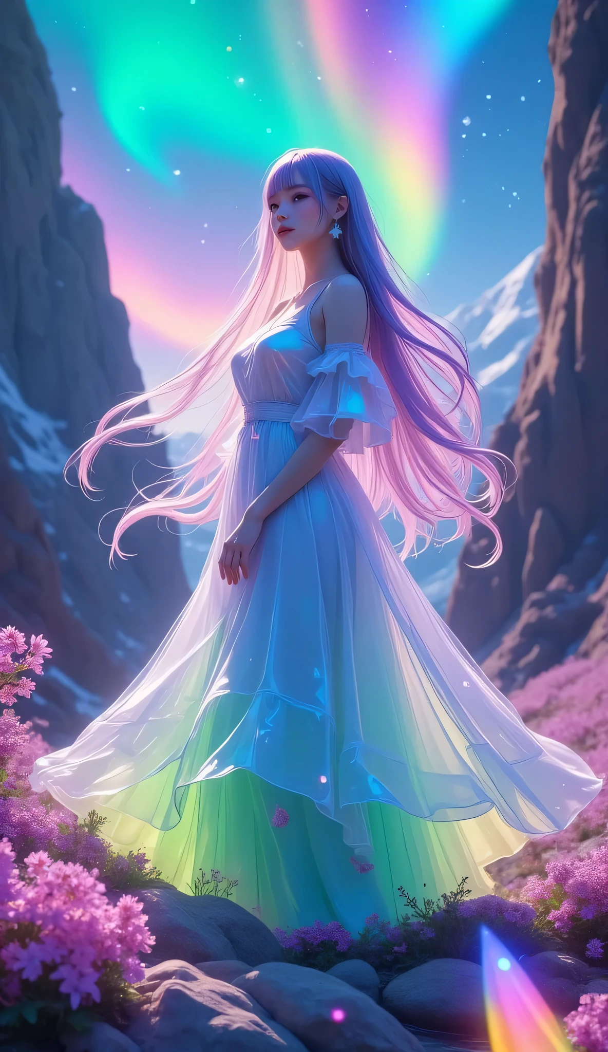 1girl, solo, colorful, beautiful, realistic, aurora ,full body,  beautiful scenery 