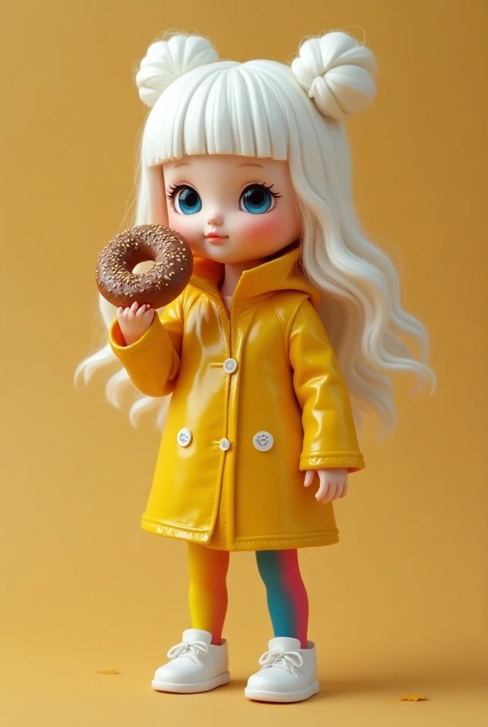 girl baby doll beautiful model very long white hair curled into two buns at the top patent yellow raincoat made of leather rainbow tights white shiny shoes in hand holding a bagel with poppy seeds autumn leaf fall half-turn pose fashion, high resolution, high detail, ISO 100 3D