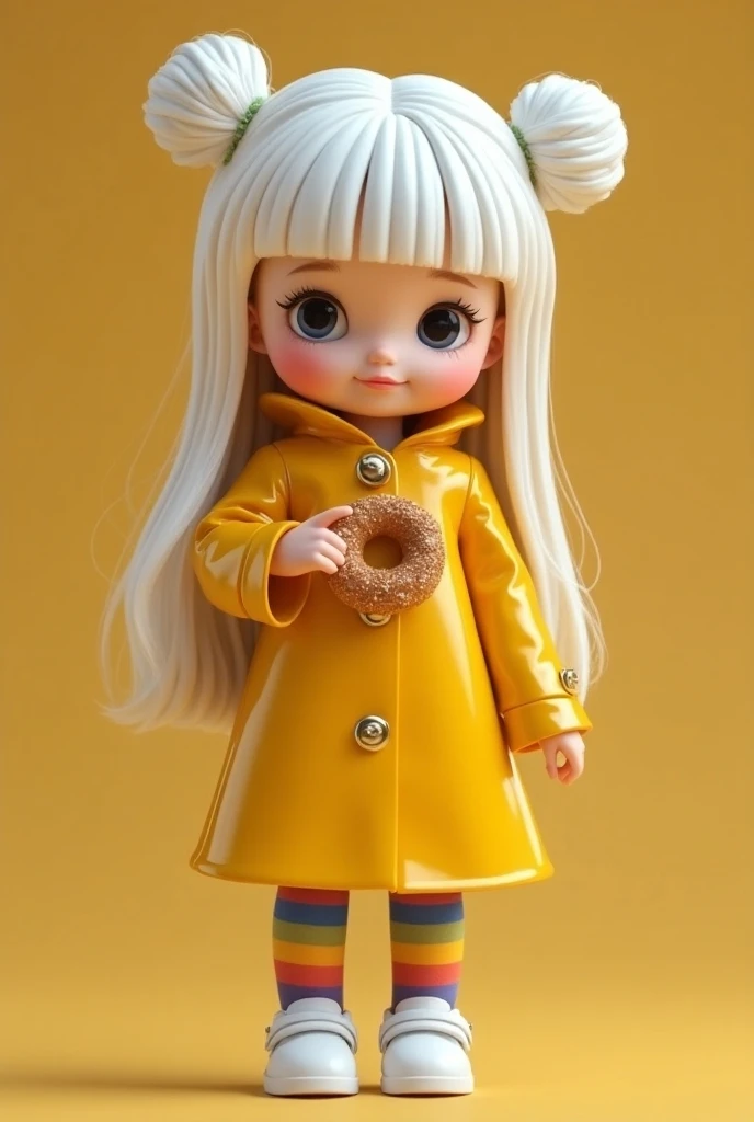 girl baby doll beautiful model very long white hair curled into two buns at the top patent yellow raincoat made of leather rainbow tights white shiny shoes in hand holding a bagel with poppy seeds autumn leaf fall half-turn pose fashion, high resolution, high detail, ISO 100 3D