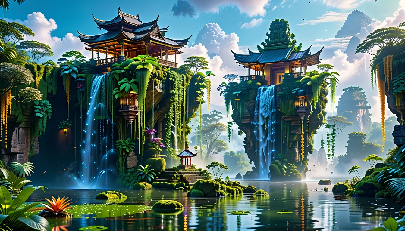 A Masterpiece In 32K Resolution, Supreme Quality, Super Detail, Official Art, Very High-Resolution 32K Wallpaper, Beautiful And Aesthetic, Ultra-Detailed Features, Awe-Inspiring Detail. Floating Islands Hover Above A Dense, Vibrant Rainforest. Waterfalls Spill Into The Thick Greenery Below, Where Exotic Animals Roam Freely. The Sky Is Painted With Shades Of Green And Gold, And Vines Hang From The Floating Islands. Glowing Form Illuminating The Surrounding Plants. In The Distance, A Towering Temple Made Of Moss-Covered Stone Rises From The Jungle.