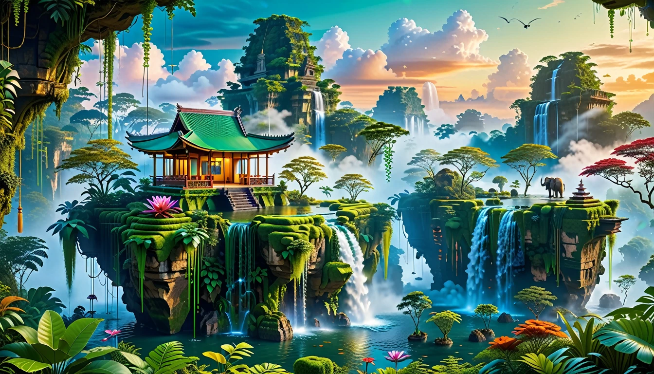 A Masterpiece In 32K Resolution, Supreme Quality, Super Detail, Official Art, Very High-Resolution 32K Wallpaper, Beautiful And Aesthetic, Ultra-Detailed Features, Awe-Inspiring Detail. Floating Islands Hover Above A Dense, Vibrant Rainforest. Waterfalls Spill Into The Thick Greenery Below, Where Exotic Animals Roam Freely. The Sky Is Painted With Shades Of Green And Gold, And Vines Hang From The Floating Islands. Glowing Form Illuminating The Surrounding Plants. In The Distance, A Towering Temple Made Of Moss-Covered Stone Rises From The Jungle.