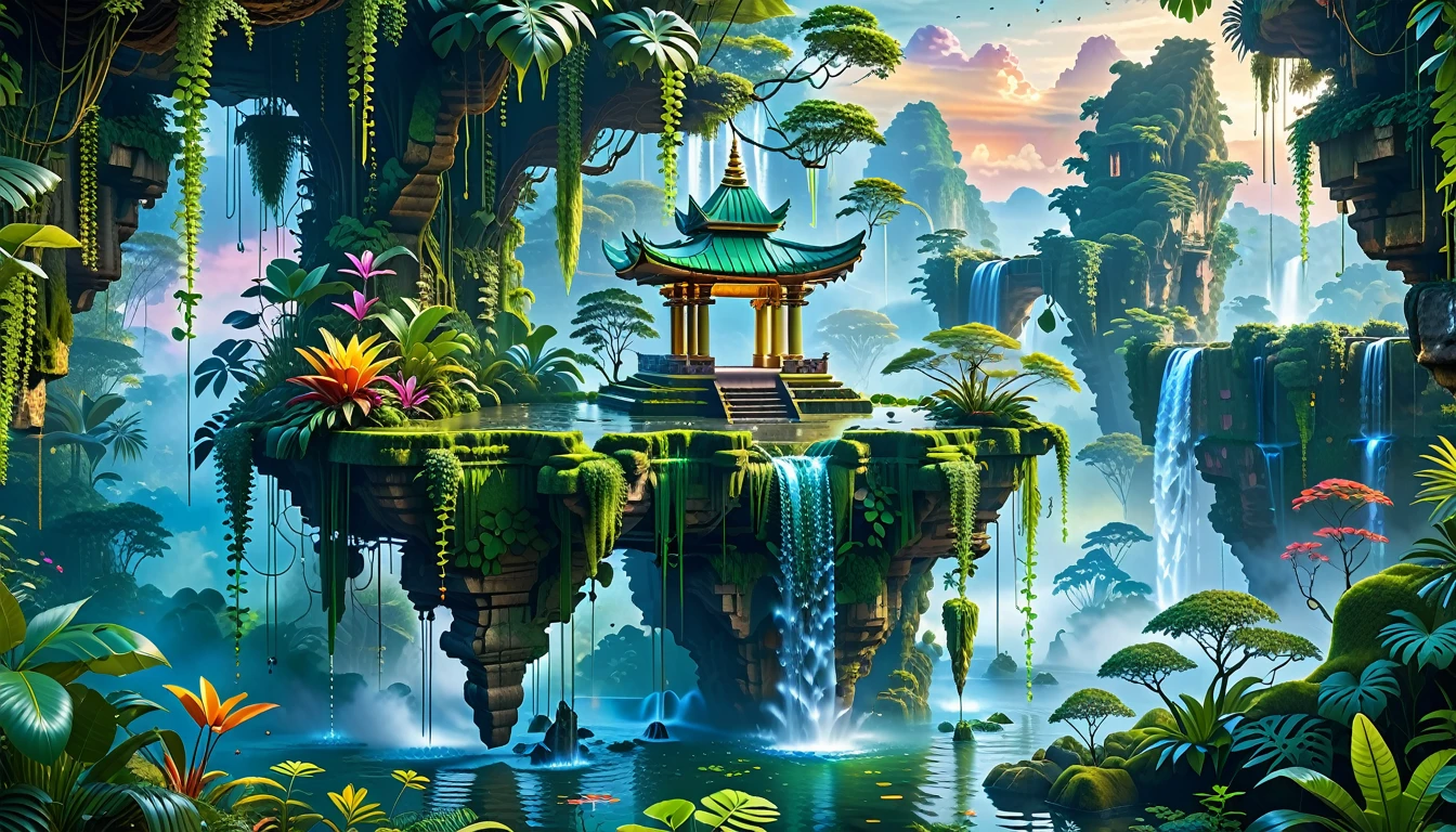 A Masterpiece In 32K Resolution, Supreme Quality, Super Detail, Official Art, Very High-Resolution 32K Wallpaper, Beautiful And Aesthetic, Ultra-Detailed Features, Awe-Inspiring Detail. Floating Islands Hover Above A Dense, Vibrant Rainforest. Waterfalls Spill Into The Thick Greenery Below, Where Exotic Animals Roam Freely. The Sky Is Painted With Shades Of Green And Gold, And Vines Hang From The Floating Islands. Glowing Form Illuminating The Surrounding Plants. In The Distance, A Towering Temple Made Of Moss-Covered Stone Rises From The Jungle.