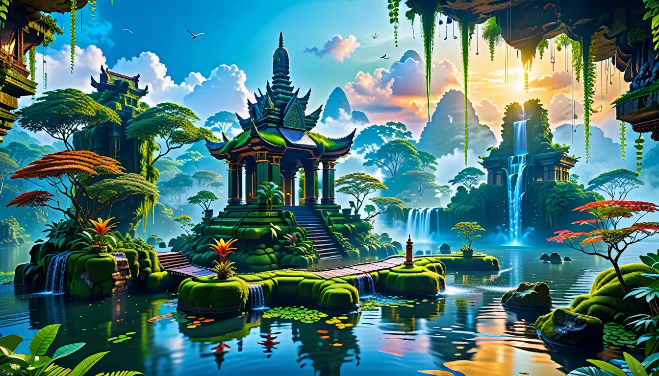 A Masterpiece In 32K Resolution, Supreme Quality, Super Detail, Official Art, Very High-Resolution 32K Wallpaper, Beautiful And Aesthetic, Ultra-Detailed Features, Awe-Inspiring Detail. Floating Islands Hover Above A Dense, Vibrant Rainforest. Waterfalls Spill Into The Thick Greenery Below, Where Exotic Animals Roam Freely. The Sky Is Painted With Shades Of Green And Gold, And Vines Hang From The Floating Islands. Glowing Form Illuminating The Surrounding Plants. In The Distance, A Towering Temple Made Of Moss-Covered Stone Rises From The Jungle.