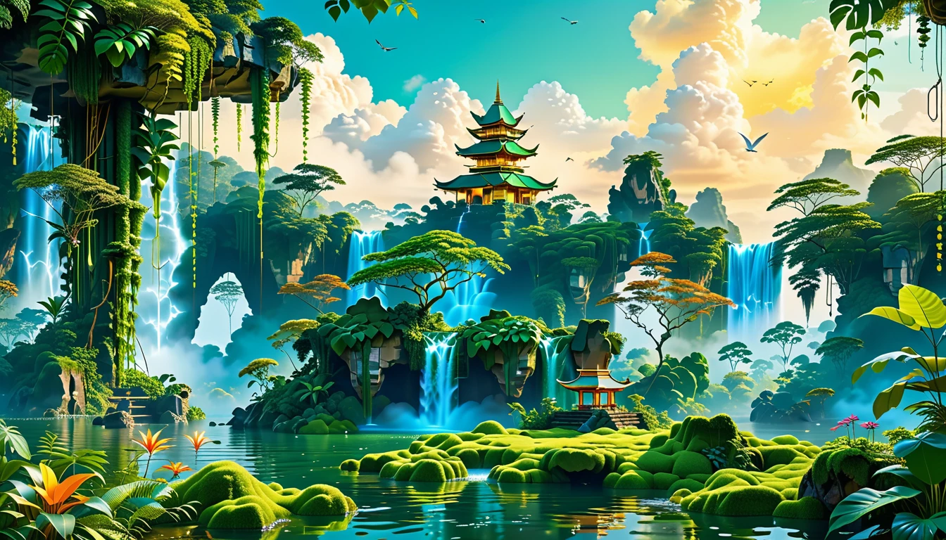 A Masterpiece In 32K Resolution, Supreme Quality, Super Detail, Official Art, Very High-Resolution 32K Wallpaper, Beautiful And Aesthetic, Ultra-Detailed Features, Awe-Inspiring Detail. Floating Islands Hover Above A Dense, Vibrant Rainforest. Waterfalls Spill Into The Thick Greenery Below, Where Exotic Animals Roam Freely. The Sky Is Painted With Shades Of Green And Gold, And Vines Hang From The Floating Islands. Glowing Form Illuminating The Surrounding Plants. In The Distance, A Towering Temple Made Of Moss-Covered Stone Rises From The Jungle.