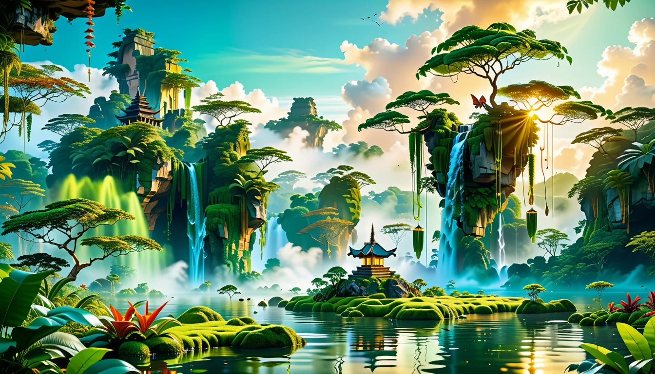 A Masterpiece In 32K Resolution, Supreme Quality, Super Detail, Official Art, Very High-Resolution 32K Wallpaper, Beautiful And Aesthetic, Ultra-Detailed Features, Awe-Inspiring Detail. Floating Islands Hover Above A Dense, Vibrant Rainforest. Waterfalls Spill Into The Thick Greenery Below, Where Exotic Animals Roam Freely. The Sky Is Painted With Shades Of Green And Gold, And Vines Hang From The Floating Islands. Glowing Form Illuminating The Surrounding Plants. In The Distance, A Towering Temple Made Of Moss-Covered Stone Rises From The Jungle.