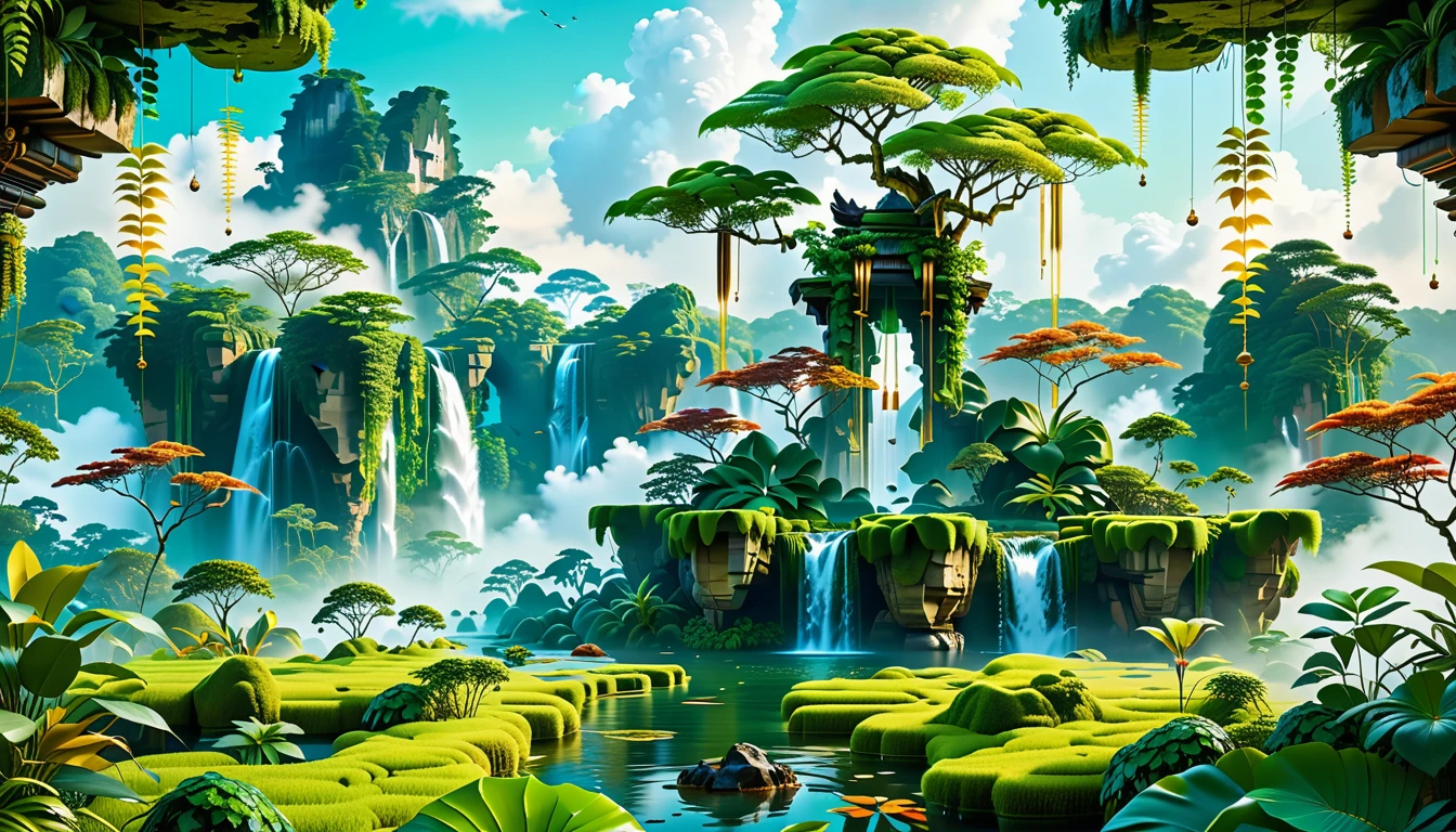 A Masterpiece In 32K Resolution, Supreme Quality, Super Detail, Official Art, Very High-Resolution 32K Wallpaper, Beautiful And Aesthetic, Ultra-Detailed Features, Awe-Inspiring Detail. Floating Islands Hover Above A Dense, Vibrant Rainforest. Waterfalls Spill Into The Thick Greenery Below, Where Exotic Animals Roam Freely. The Sky Is Painted With Shades Of Green And Gold, And Vines Hang From The Floating Islands. Glowing Form Illuminating The Surrounding Plants. In The Distance, A Towering Temple Made Of Moss-Covered Stone Rises From The Jungle.