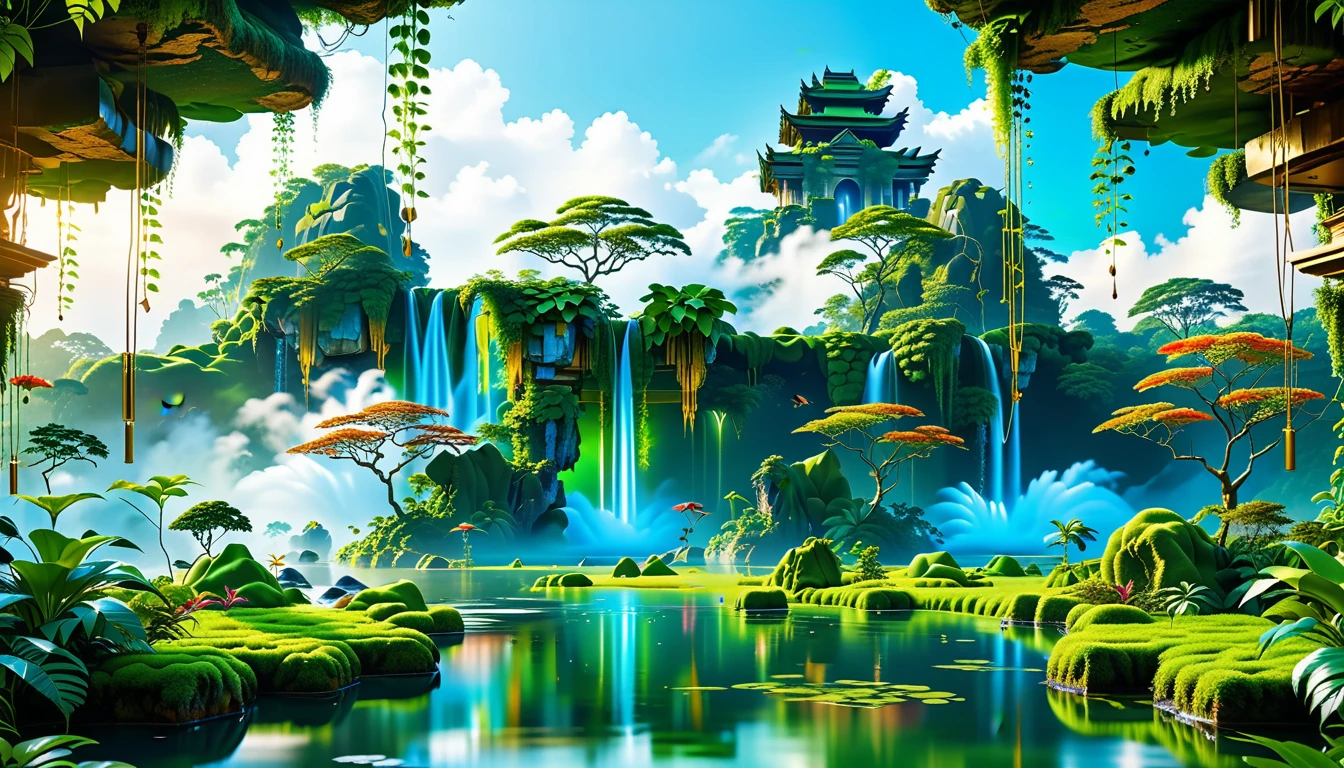 A Masterpiece In 32K Resolution, Supreme Quality, Super Detail, Official Art, Very High-Resolution 32K Wallpaper, Beautiful And Aesthetic, Ultra-Detailed Features, Awe-Inspiring Detail. Floating Islands Hover Above A Dense, Vibrant Rainforest. Waterfalls Spill Into The Thick Greenery Below, Where Exotic Animals Roam Freely. The Sky Is Painted With Shades Of Green And Gold, And Vines Hang From The Floating Islands. Glowing Form Illuminating The Surrounding Plants. In The Distance, A Towering Temple Made Of Moss-Covered Stone Rises From The Jungle.