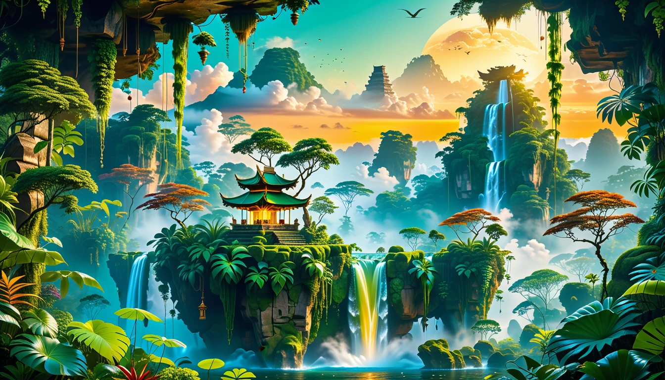 A Masterpiece In 32K Resolution, Supreme Quality, Super Detail, Official Art, Very High-Resolution 32K Wallpaper, Beautiful And Aesthetic, Ultra-Detailed Features, Awe-Inspiring Detail. Floating Islands Hover Above A Dense, Vibrant Rainforest. Waterfalls Spill Into The Thick Greenery Below, Where Exotic Animals Roam Freely. The Sky Is Painted With Shades Of Green And Gold, And Vines Hang From The Floating Islands. Glowing Form Illuminating The Surrounding Plants. In The Distance, A Towering Temple Made Of Moss-Covered Stone Rises From The Jungle.