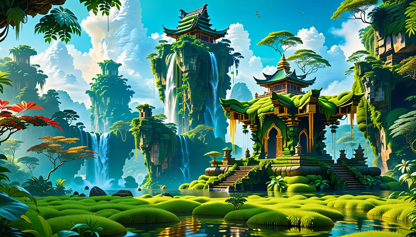 A Masterpiece In 32K Resolution, Supreme Quality, Super Detail, Official Art, Very High-Resolution 32K Wallpaper, Beautiful And Aesthetic, Ultra-Detailed Features, Awe-Inspiring Detail. Floating Islands Hover Above A Dense, Vibrant Rainforest. Waterfalls Spill Into The Thick Greenery Below, Where Exotic Animals Roam Freely. The Sky Is Painted With Shades Of Green And Gold, And Vines Hang From The Floating Islands. Glowing Form Illuminating The Surrounding Plants. In The Distance, A Towering Temple Made Of Moss-Covered Stone Rises From The Jungle.