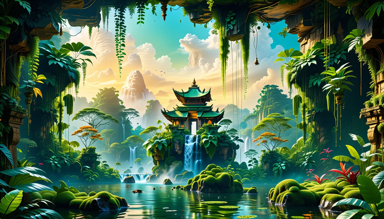 A Masterpiece In 32K Resolution, Supreme Quality, Super Detail, Official Art, Very High-Resolution 32K Wallpaper, Beautiful And Aesthetic, Ultra-Detailed Features, Awe-Inspiring Detail. Floating Islands Hover Above A Dense, Vibrant Rainforest. Waterfalls Spill Into The Thick Greenery Below, Where Exotic Animals Roam Freely. The Sky Is Painted With Shades Of Green And Gold, And Vines Hang From The Floating Islands. Glowing Form Illuminating The Surrounding Plants. In The Distance, A Towering Temple Made Of Moss-Covered Stone Rises From The Jungle.