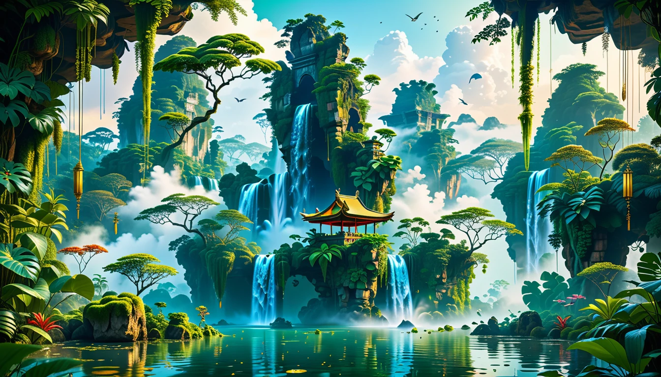 A Masterpiece In 32K Resolution, Supreme Quality, Super Detail, Official Art, Very High-Resolution 32K Wallpaper, Beautiful And Aesthetic, Ultra-Detailed Features, Awe-Inspiring Detail. Floating Islands Hover Above A Dense, Vibrant Rainforest. Waterfalls Spill Into The Thick Greenery Below, Where Exotic Animals Roam Freely. The Sky Is Painted With Shades Of Green And Gold, And Vines Hang From The Floating Islands. Glowing Form Illuminating The Surrounding Plants. In The Distance, A Towering Temple Made Of Moss-Covered Stone Rises From The Jungle.