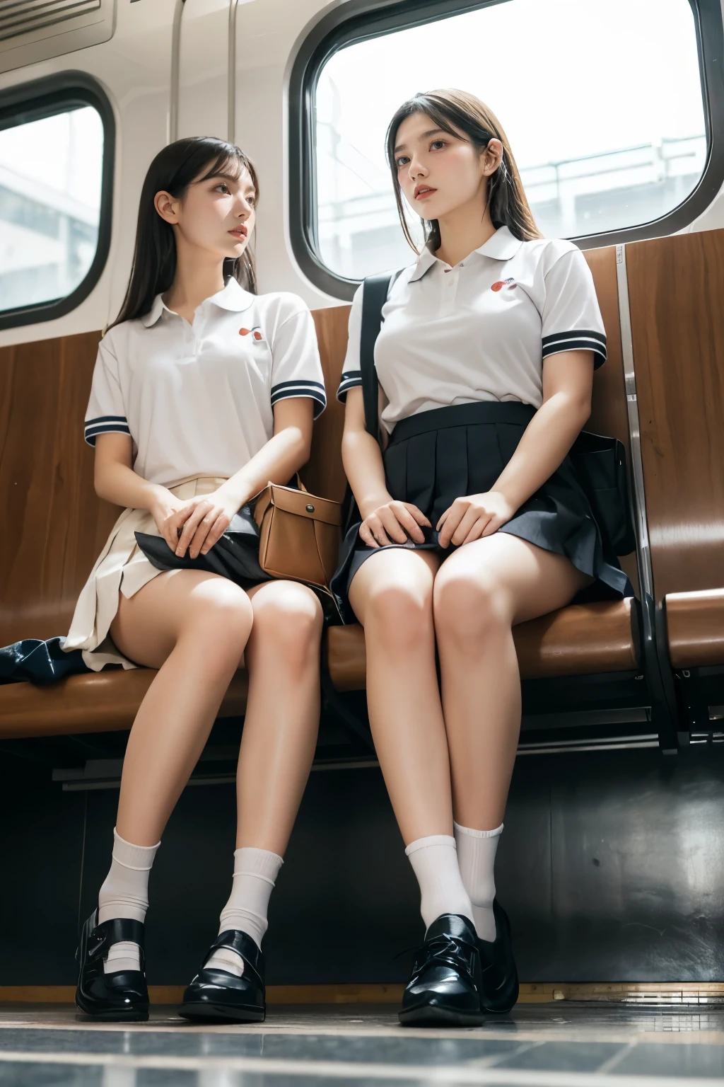 heavy rain, Soaking wet, Long Hair, bangs, (Two Girls:1.2), skirt, Brown Hair, shirt, Black Hair, Short sleeve, Brown eyes,  Long Hair, sitting in Train seat, white polo shirt, pleated skirt, Open clothes, shoes, socks, Striped, collared shirt, Hands behind back, bag, Pantyhose, Brown footwear, , school bag, Wet, (From below:1.2), (Plump breast)