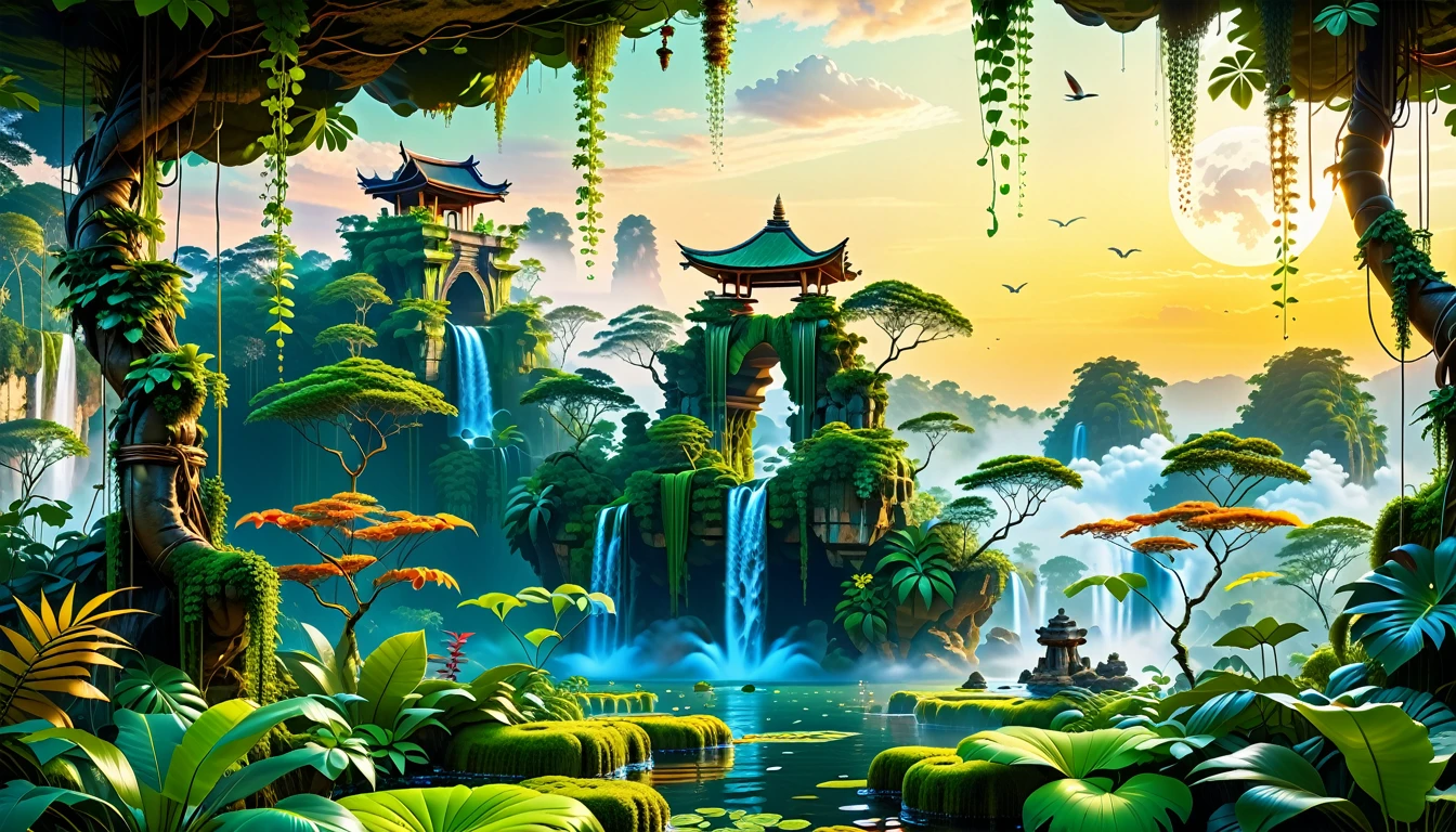 A Masterpiece In 32K Resolution, Supreme Quality, Super Detail, Official Art, Very High-Resolution 32K Wallpaper, Beautiful And Aesthetic, Ultra-Detailed Features, Awe-Inspiring Detail. Floating Islands Hover Above A Dense, Vibrant Rainforest. Waterfalls Spill Into The Thick Greenery Below, Where Exotic Animals Roam Freely. The Sky Is Painted With Shades Of Green And Gold, And Vines Hang From The Floating Islands. Glowing Form Illuminating The Surrounding Plants. In The Distance, A Towering Temple Made Of Moss-Covered Stone Rises From The Jungle.