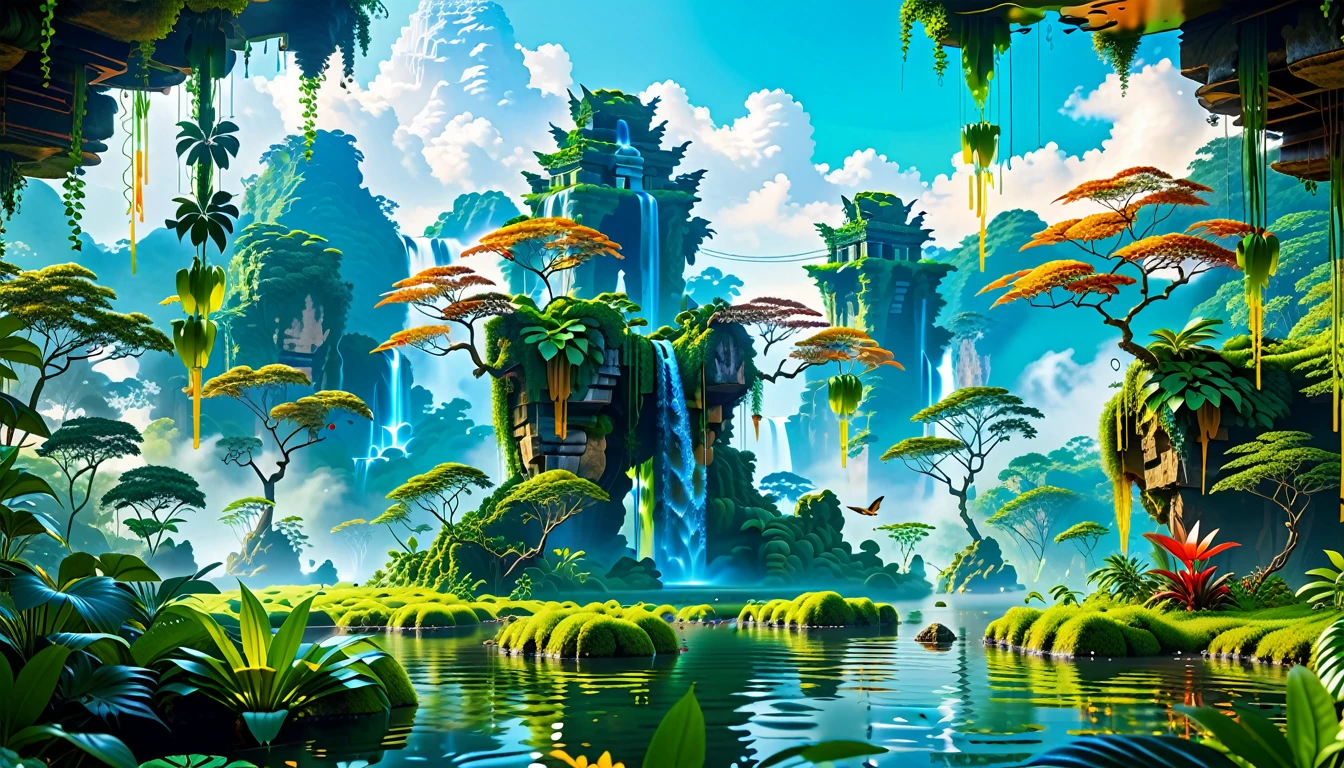 A Masterpiece In 32K Resolution, Supreme Quality, Super Detail, Official Art, Very High-Resolution 32K Wallpaper, Beautiful And Aesthetic, Ultra-Detailed Features, Awe-Inspiring Detail. Floating Islands Hover Above A Dense, Vibrant Rainforest. Waterfalls Spill Into The Thick Greenery Below, Where Exotic Animals Roam Freely. The Sky Is Painted With Shades Of Green And Gold, And Vines Hang From The Floating Islands. Glowing Form Illuminating The Surrounding Plants. In The Distance, A Towering Temple Made Of Moss-Covered Stone Rises From The Jungle.