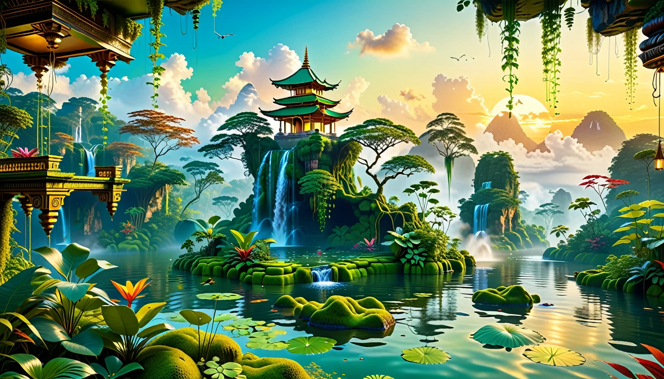 A Masterpiece In 32K Resolution, Supreme Quality, Super Detail, Official Art, Very High-Resolution 32K Wallpaper, Beautiful And Aesthetic, Ultra-Detailed Features, Awe-Inspiring Detail. Floating Islands Hover Above A Dense, Vibrant Rainforest. Waterfalls Spill Into The Thick Greenery Below, Where Exotic Animals Roam Freely. The Sky Is Painted With Shades Of Green And Gold, And Vines Hang From The Floating Islands. Glowing Form Illuminating The Surrounding Plants. In The Distance, A Towering Temple Made Of Moss-Covered Stone Rises From The Jungle.